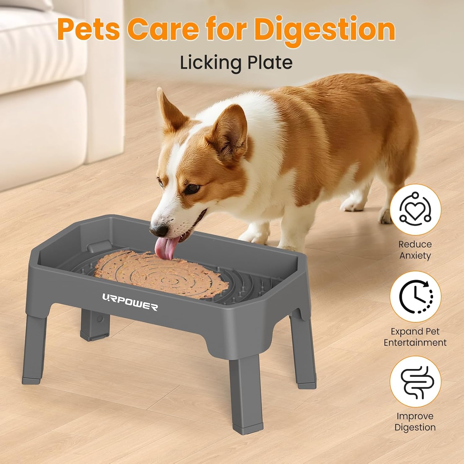 image:imageURPOWER 3in1 Elevated Dog Bowls Mess Proof Double Deck 4 Height Adjustable Raised Stand with 2 Stainless Steel Food Bowls amp Licking Plate for Small Medium amp Large DogsGrey