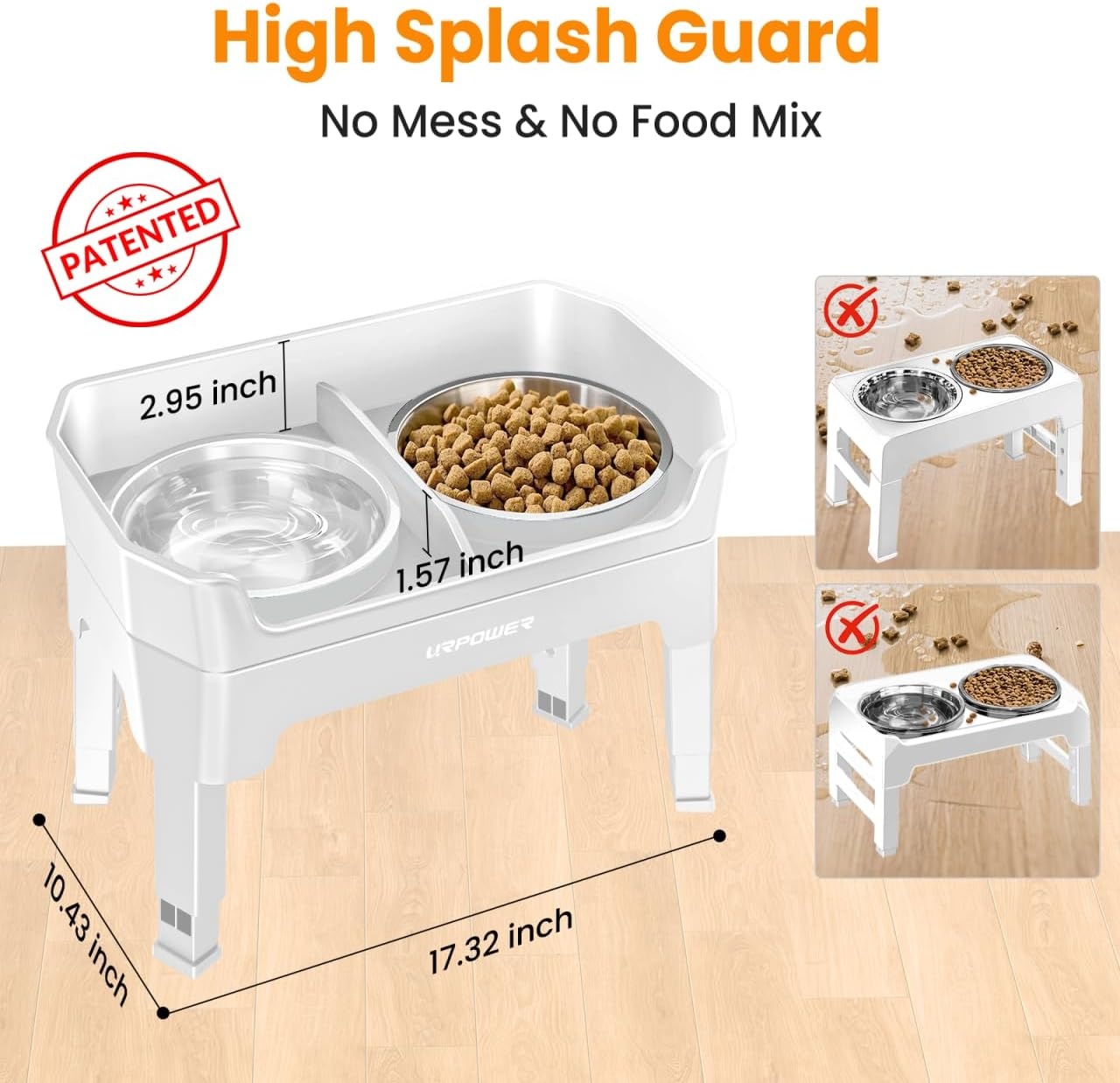 image:imageURPOWER 3in1 Elevated Dog Bowls Mess Proof Double Deck 4 Height Adjustable Raised Stand with 2 Stainless Steel Food Bowls amp Licking Plate for Small Medium amp Large DogsLight Grey
