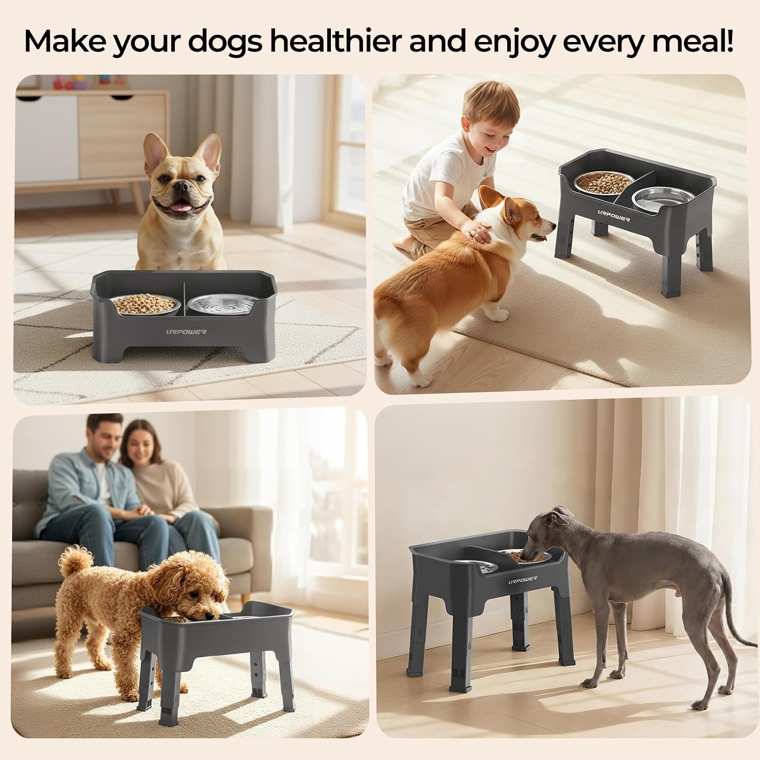 image:imageURPOWER 3in1 Elevated Dog Bowls Mess Proof Double Deck 4 Height Adjustable Raised Stand with 2 Stainless Steel Food Bowls amp Licking Plate for Small Medium amp Large DogsGrey