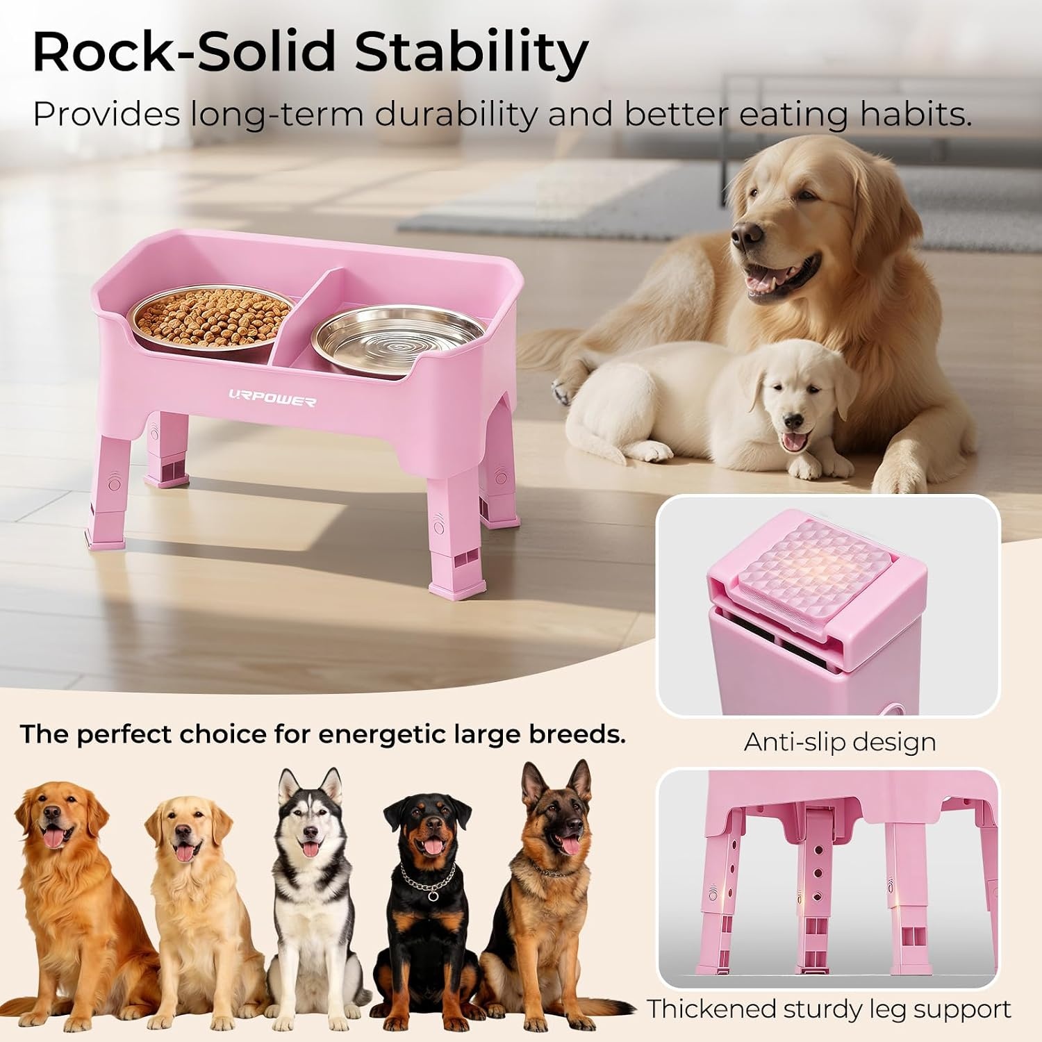 image:imageURPOWER 3in1 Elevated Dog Bowls Mess Proof Double Deck 4 Height Adjustable Raised Stand with 2 Stainless Steel Food Bowls amp Licking Plate for Small Medium amp Large DogsPink