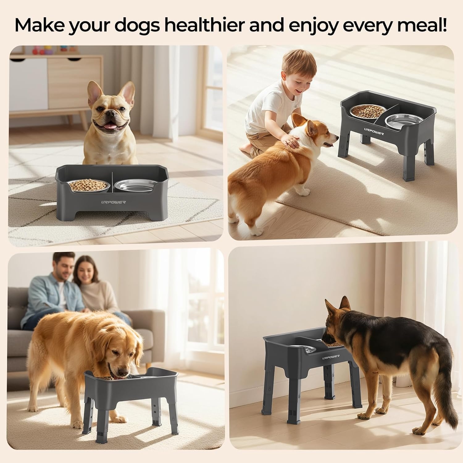 image:imageURPOWER 3in1 Elevated Dog Bowls Mess Proof Double Deck 4 Height Adjustable Raised Stand with 2 Stainless Steel Food Bowls amp Licking Plate for Small Medium amp Large DogsGrey