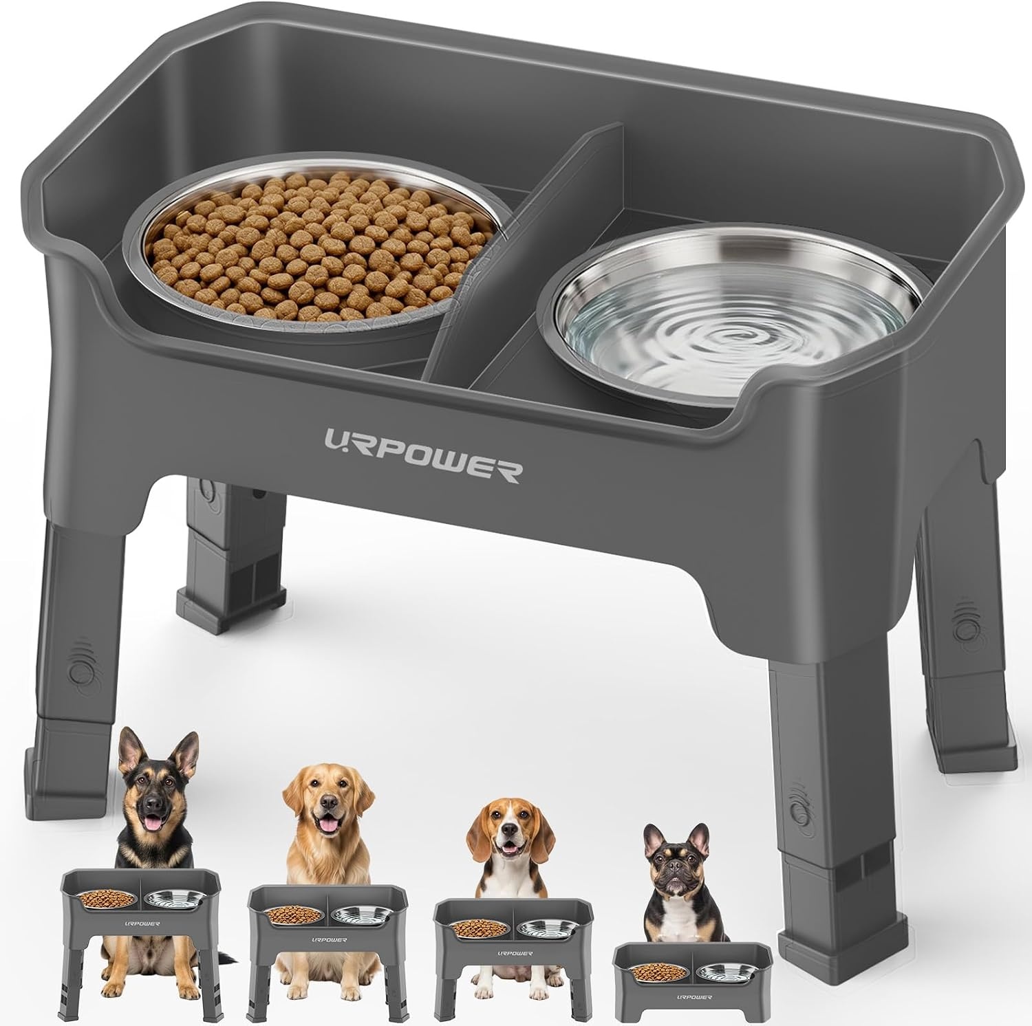 image:imageURPOWER 3in1 Elevated Dog Bowls Mess Proof Double Deck 4 Height Adjustable Raised Stand with 2 Stainless Steel Food Bowls amp Licking Plate for Small Medium amp Large DogsGrey