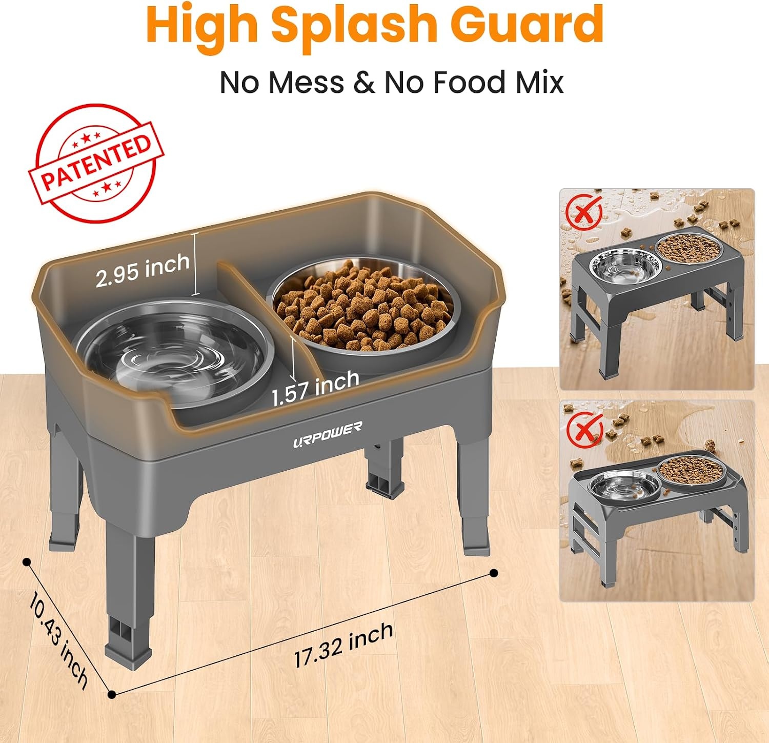 image:imageURPOWER 3in1 Elevated Dog Bowls Mess Proof Double Deck 4 Height Adjustable Raised Stand with 2 Stainless Steel Food Bowls amp Licking Plate for Small Medium amp Large DogsGrey