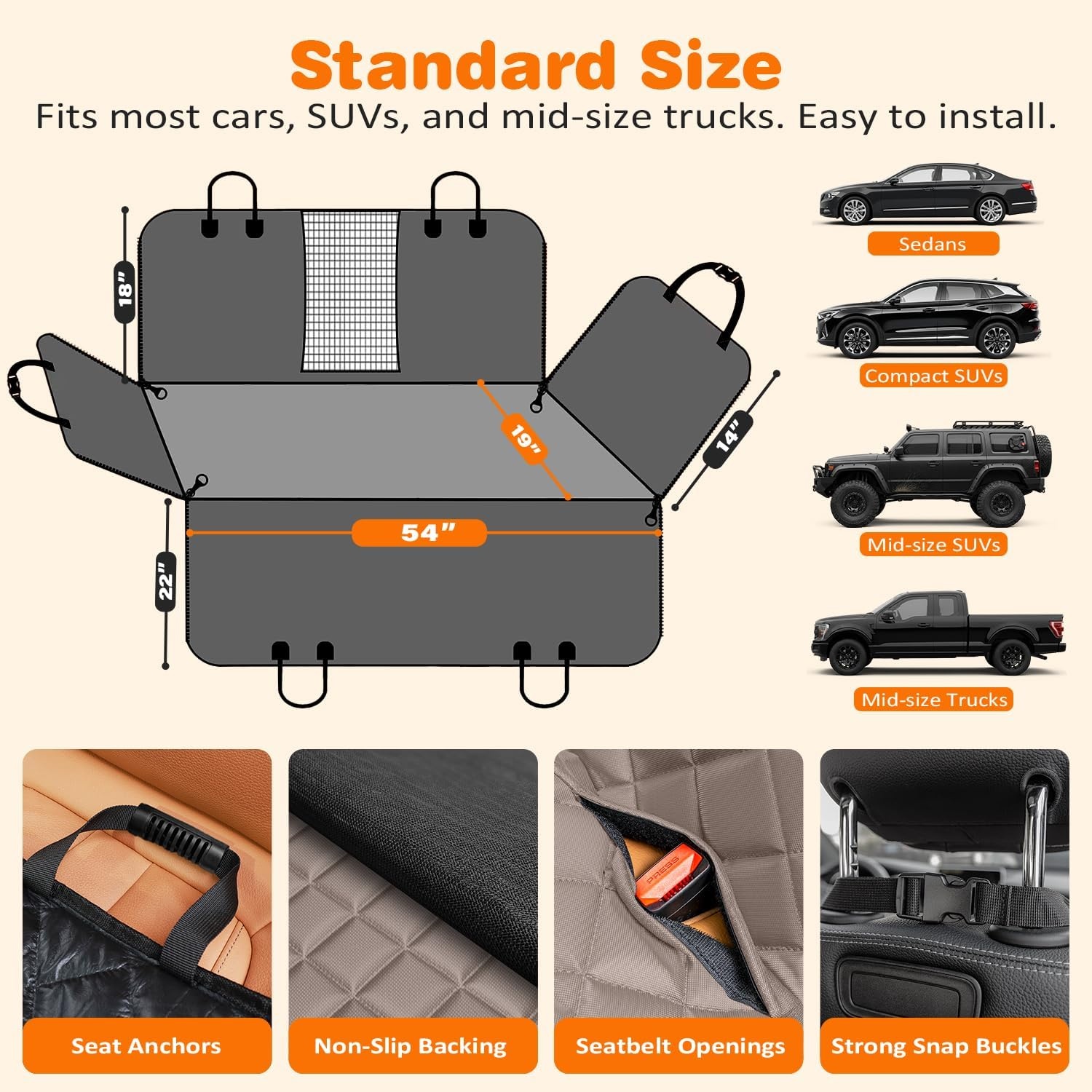 image:imageURPOWER 4 in 1 Dog Car Seat Cover for Back Seat Waterproof Dog Hammock with Mesh Window and Side Flap Pet Car Seat Protector Dogs Backseat Cover for Cars SUVs amp MidSize TrucksKhaki