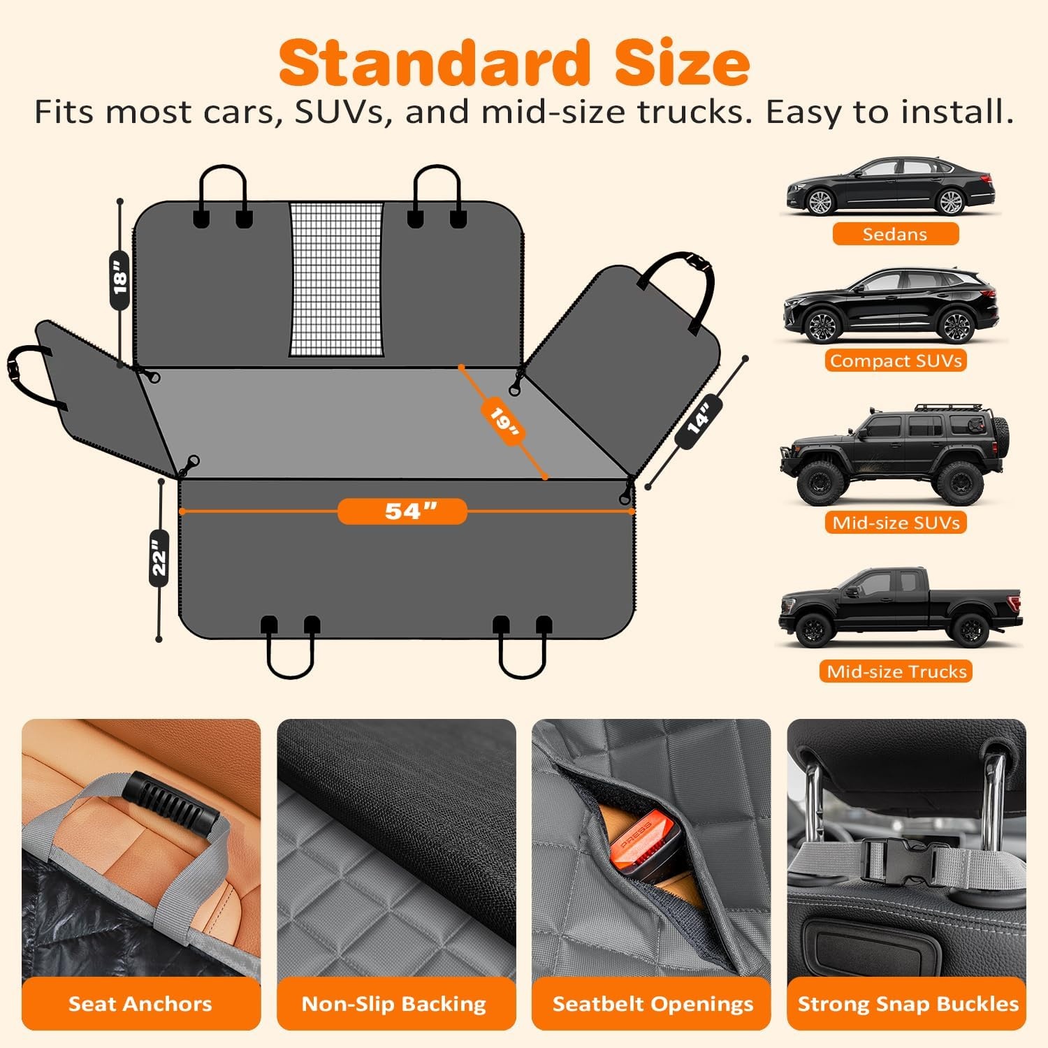 image:imageURPOWER 4 in 1 Dog Car Seat Cover for Back Seat Waterproof Dog Hammock with Mesh Window and Side Flap Pet Car Seat Protector Dogs Backseat Cover for Cars SUVs amp MidSize TrucksGrey