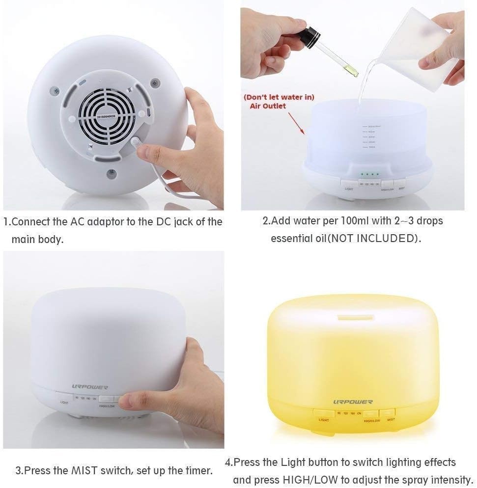 image:imageURPOWER 500ML Essential Oil Diffuser Humidifiers Ultrasonic Aromatherapy Diffusers with 4 Timer Settings and Waterless Auto ShutOff for Home Office Living Room Yoga Remote Control NOT IncludedAll White