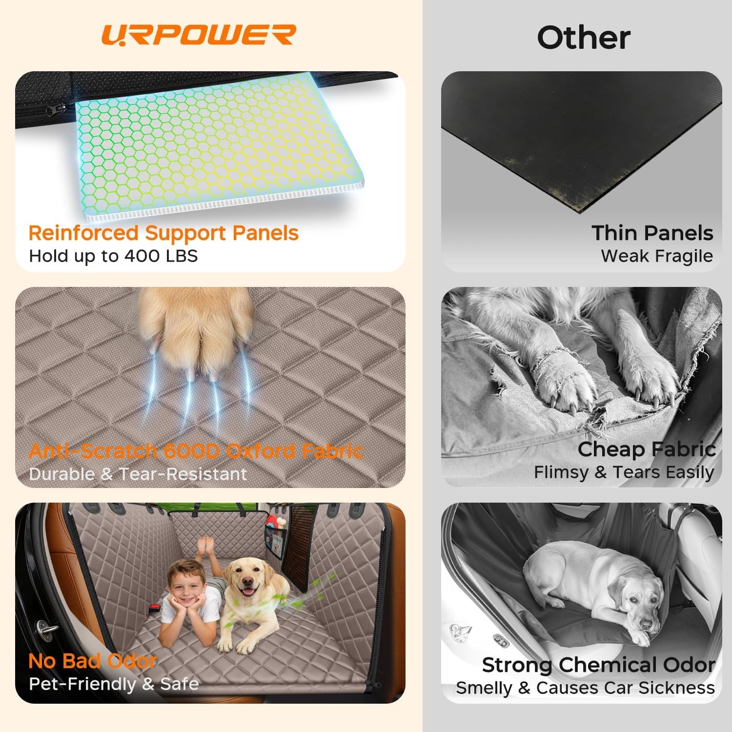 image:imageURPOWER Backseat Extender for Dogs Hard Bottom Dog Car Seat Cover for Back Seat Dog Hammock for Car and SUV Pet Rear Seat Protector Dogs Travel Bed with Mesh WindowKhaki
