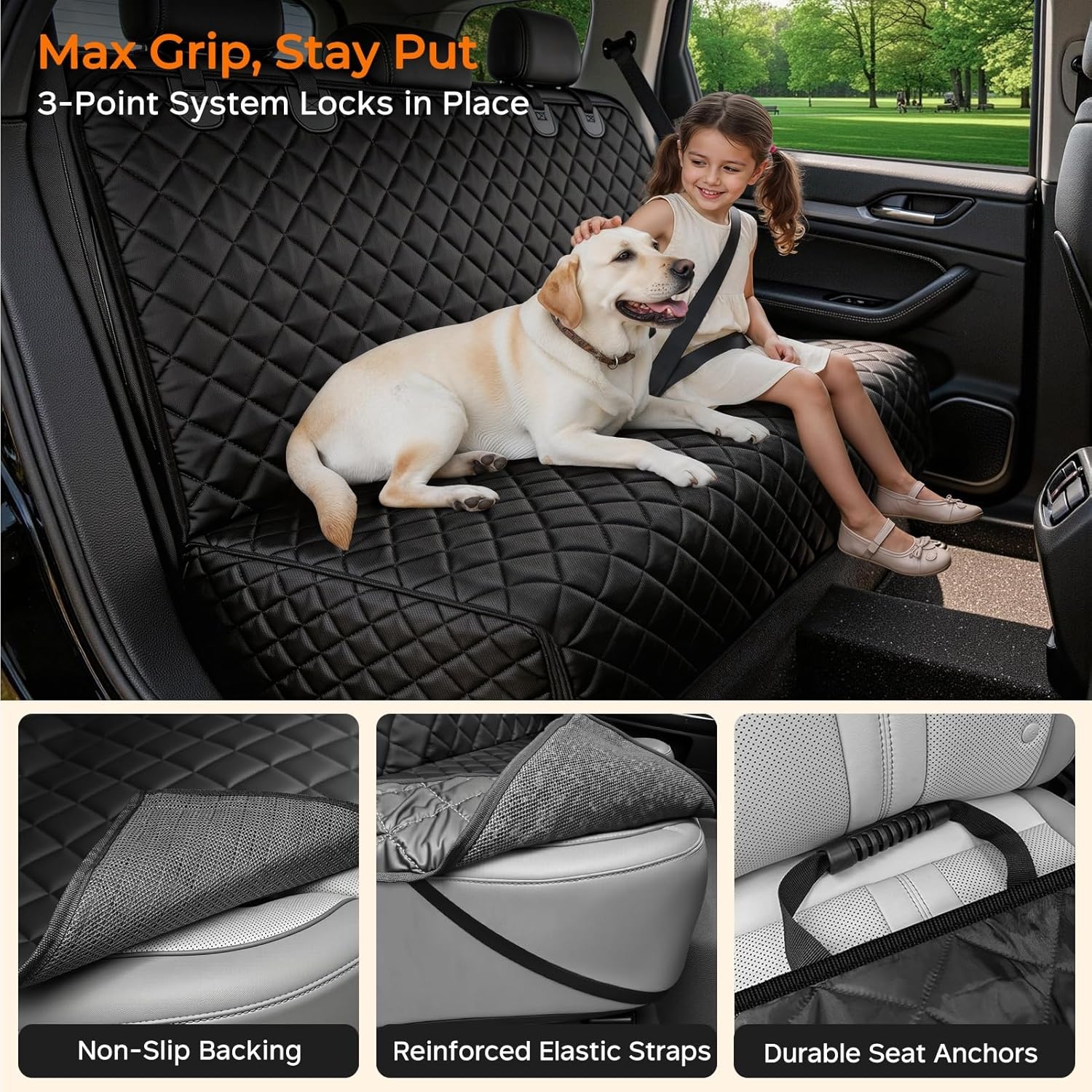 image:imageURPOWER Dog Car Seat Cover for Back Seat Waterproof NonSlip Car Seat Protector for Dogs Pet Scratchproof Back Bench Seat Covers for MidSize Cars MidSize SUVs BlackBlack