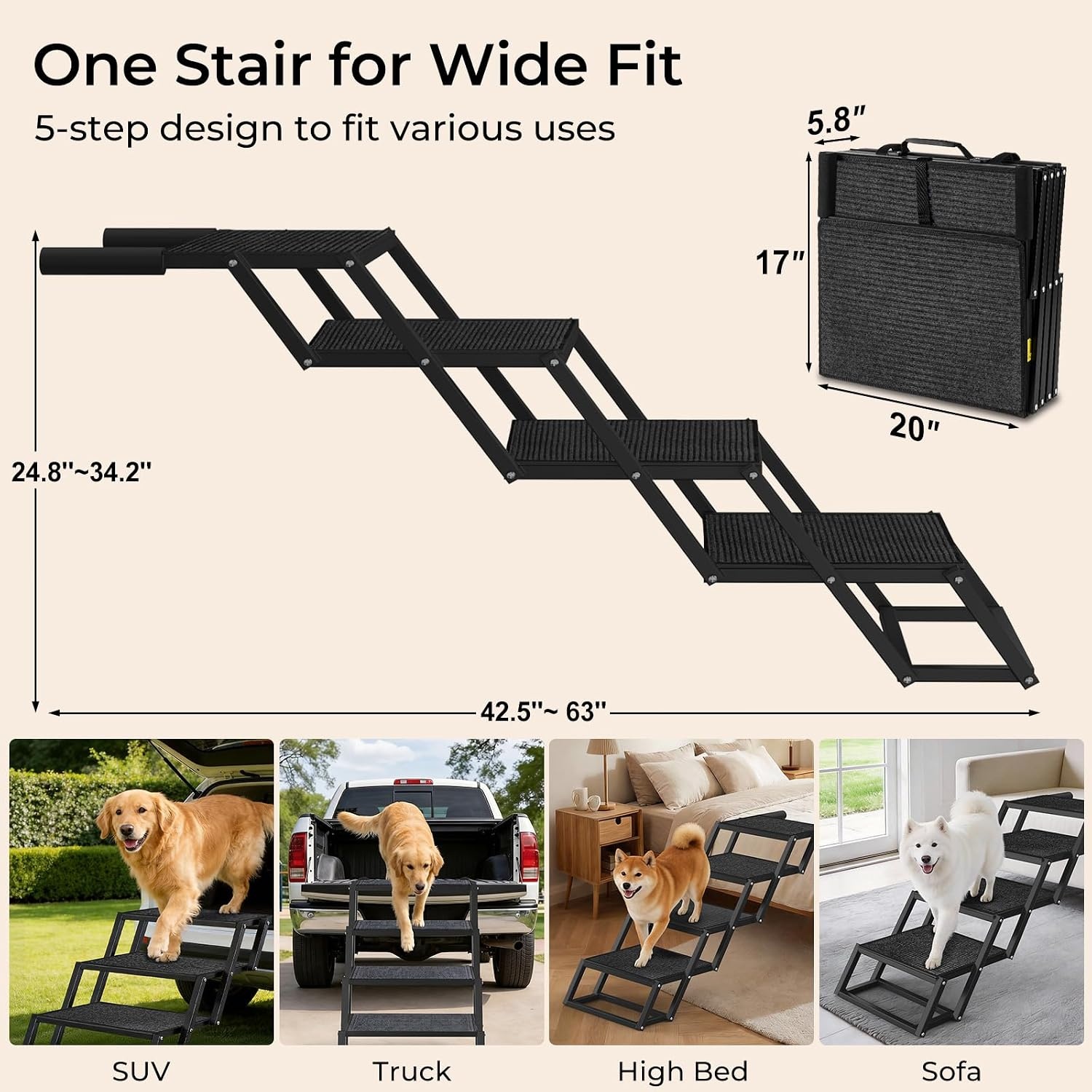 image:imageURPOWER Dog Stairs for Large Dogs Extra Wide 20 with 5 Step Dog Ramp Steps for Car High Bed Foldable Pet Stairs with Detachable Non Slip Surface Car Ramps for SUV Truck Supports up to 260 Lbs