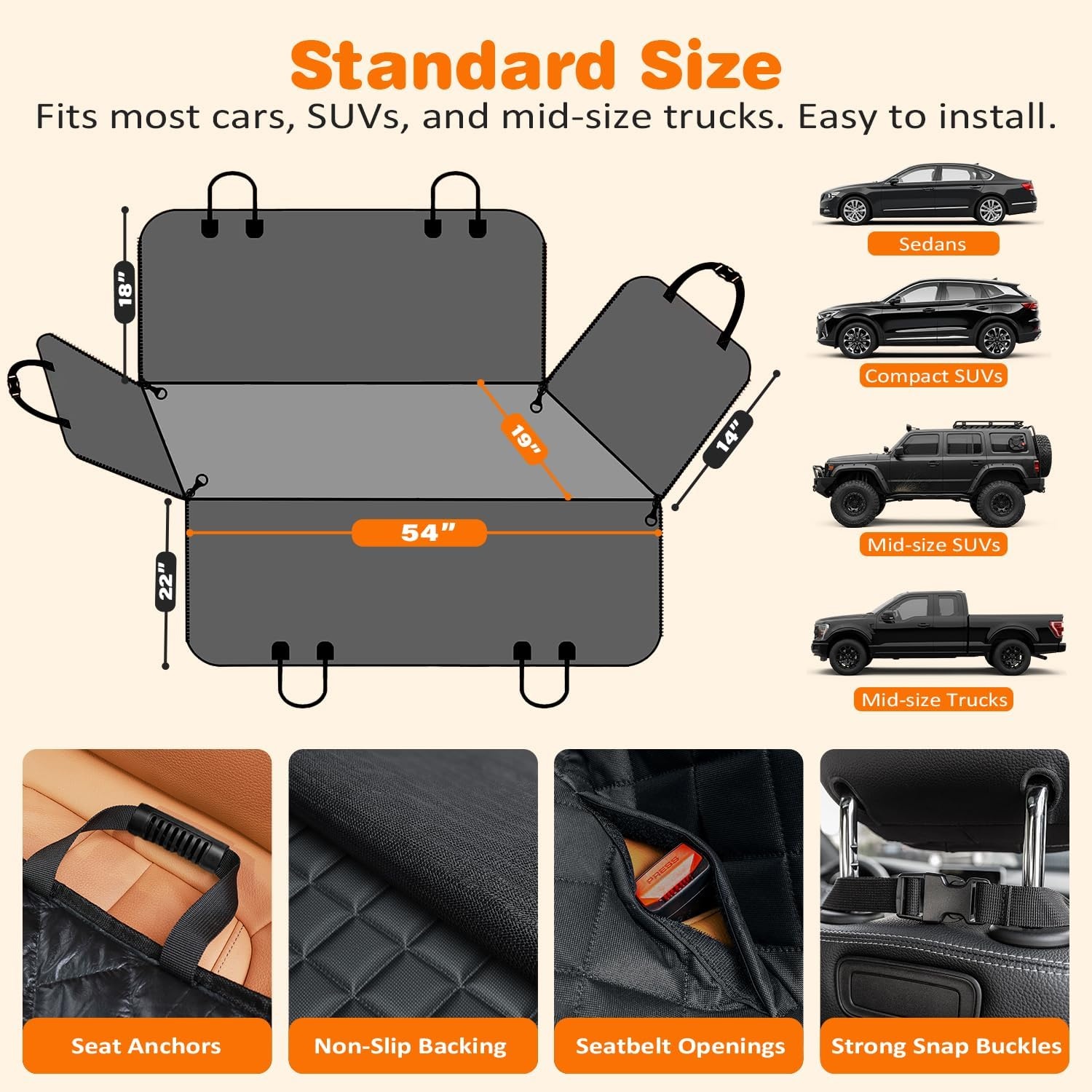 image:imageURPOWER Hard Bottom Dog Car Seat Cover for Pets 100 Waterproof Seat Cover Hammock 600D Heavy Duty Scratch Proof Nonslip Durable Back Seat Covers for Cars Trucks and SUVsTextured Black