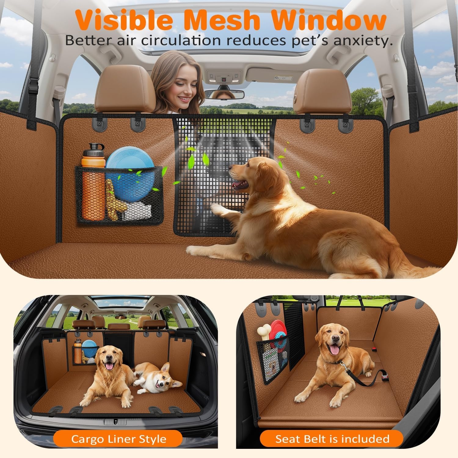 image:imageURPOWER Hard Bottom Dog Car Seat Cover for Pets 100 Waterproof Seat Cover Hammock 600D Heavy Duty Scratch Proof Nonslip Durable Back Seat Covers for Cars Trucks and SUVsBrown