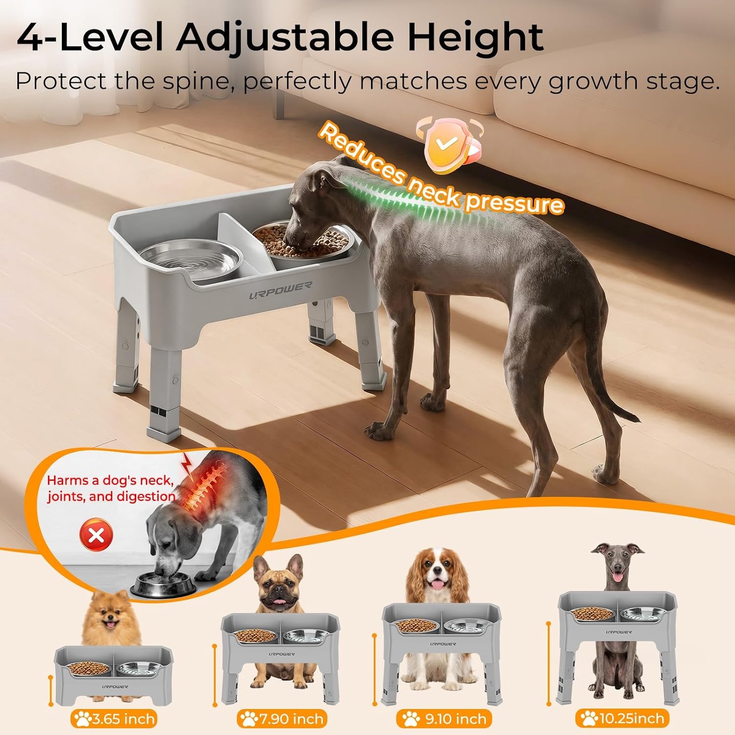 image:imageURPOWER Mess Proof Elevated Dog Bowls 4 Height Adjustable Raised Bowl Stand with 2 Stainless Steel Dog Bowls NonSlip Food and Water Bowl Set for Small Dogs Light Grey