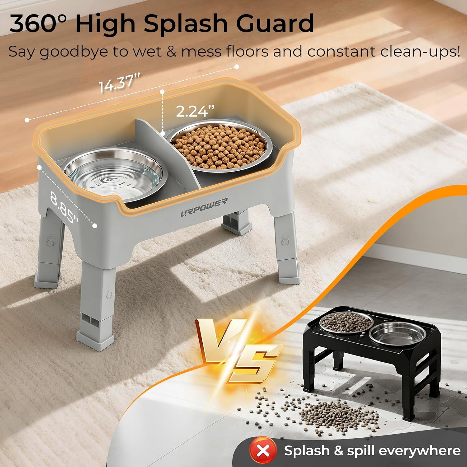 image:imageURPOWER Mess Proof Elevated Dog Bowls 4 Height Adjustable Raised Bowl Stand with 2 Stainless Steel Dog Bowls NonSlip Food and Water Bowl Set for Small Dogs Light Grey