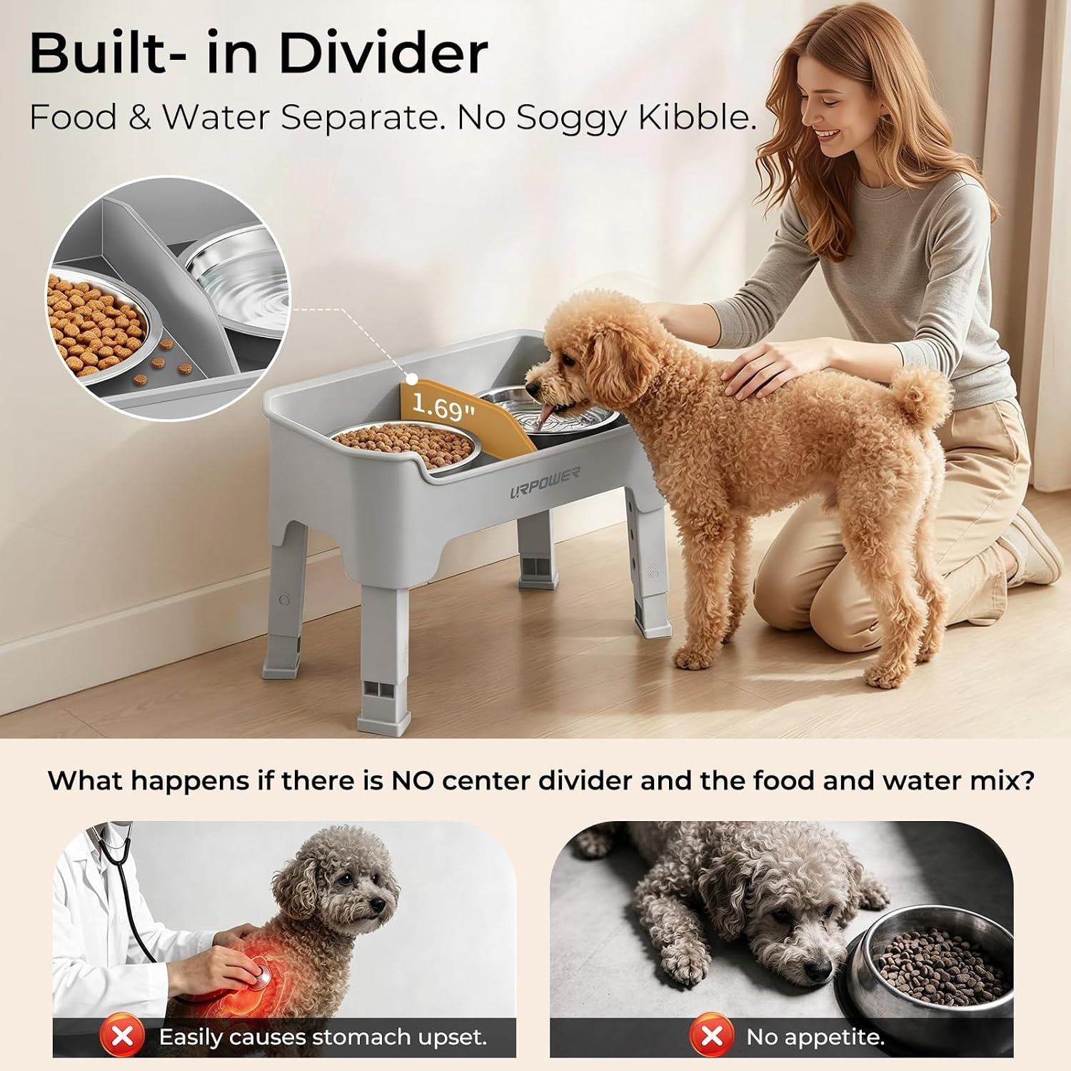 image:imageURPOWER Mess Proof Elevated Dog Bowls 4 Height Adjustable Raised Bowl Stand with 2 Stainless Steel Dog Bowls NonSlip Food and Water Bowl Set for Small Dogs Light Grey