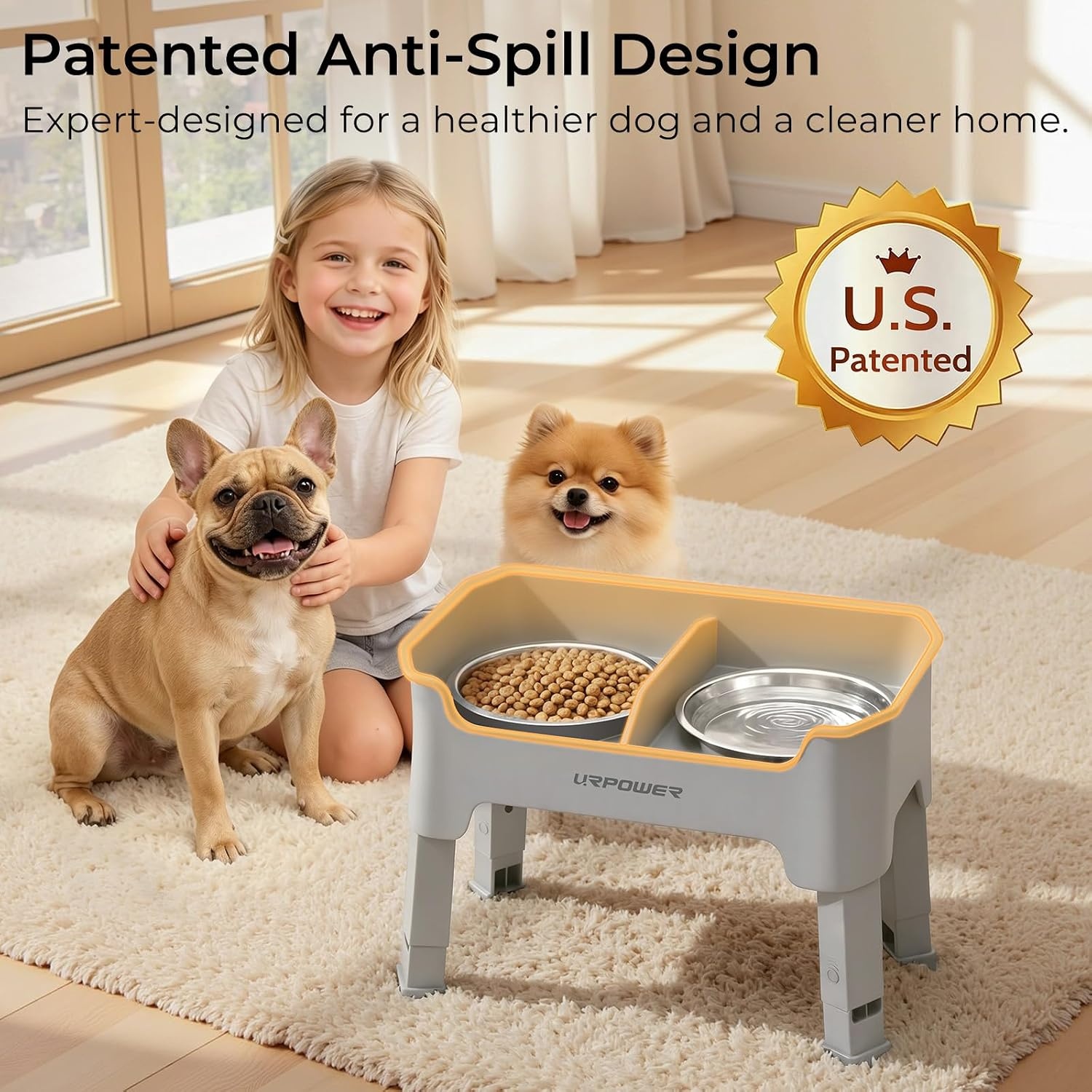 image:imageURPOWER Mess Proof Elevated Dog Bowls 4 Height Adjustable Raised Bowl Stand with 2 Stainless Steel Dog Bowls NonSlip Food and Water Bowl Set for Small Dogs Light Grey