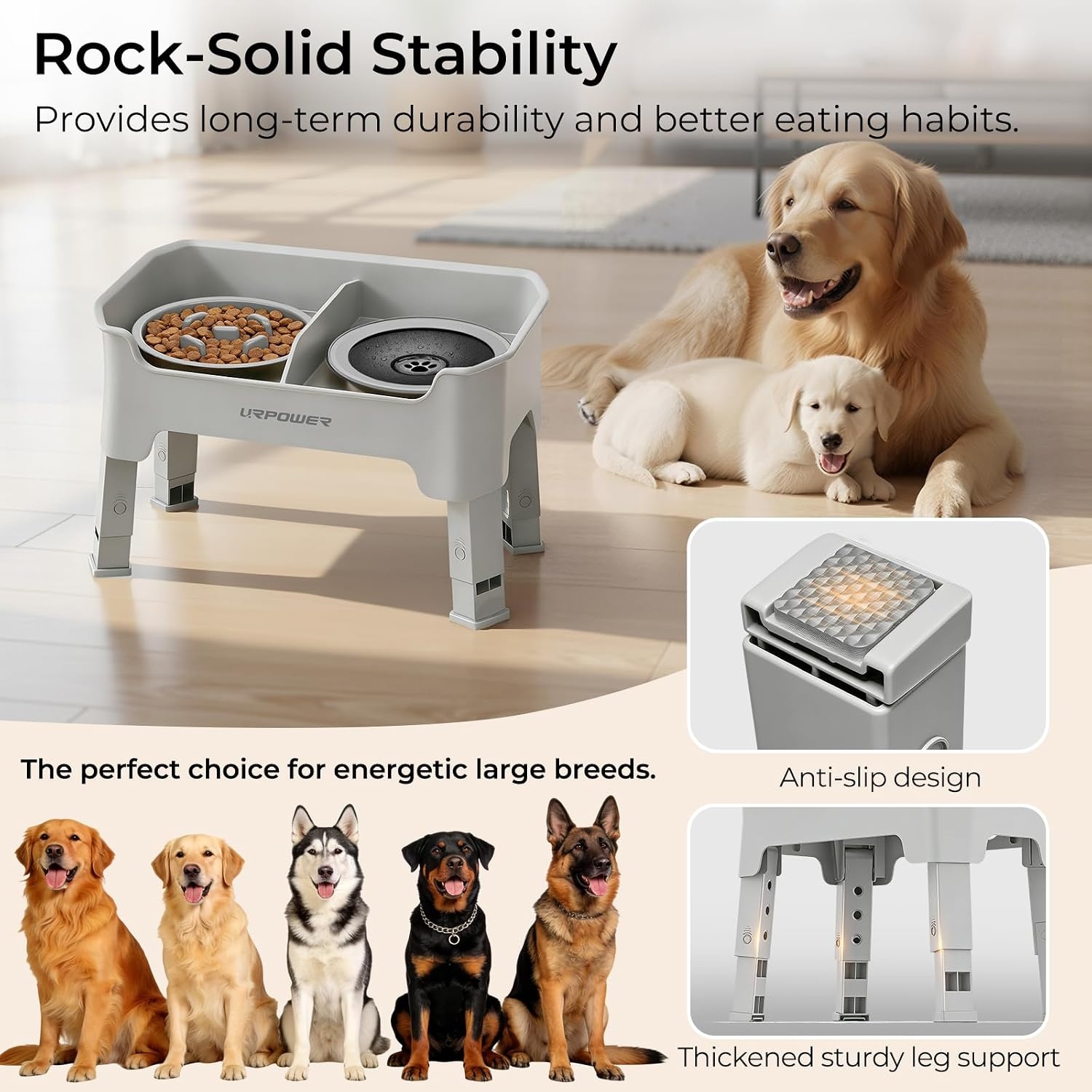 image:imageURPOWER Mess Proof Elevated Dog Bowls 4 Height Adjustable Raised Stand with No Spill Water Bowl and Slow Feeder Dog Bowls NonSlip Food and Water Bowl Set for Small Medium amp Large DogsLight Grey