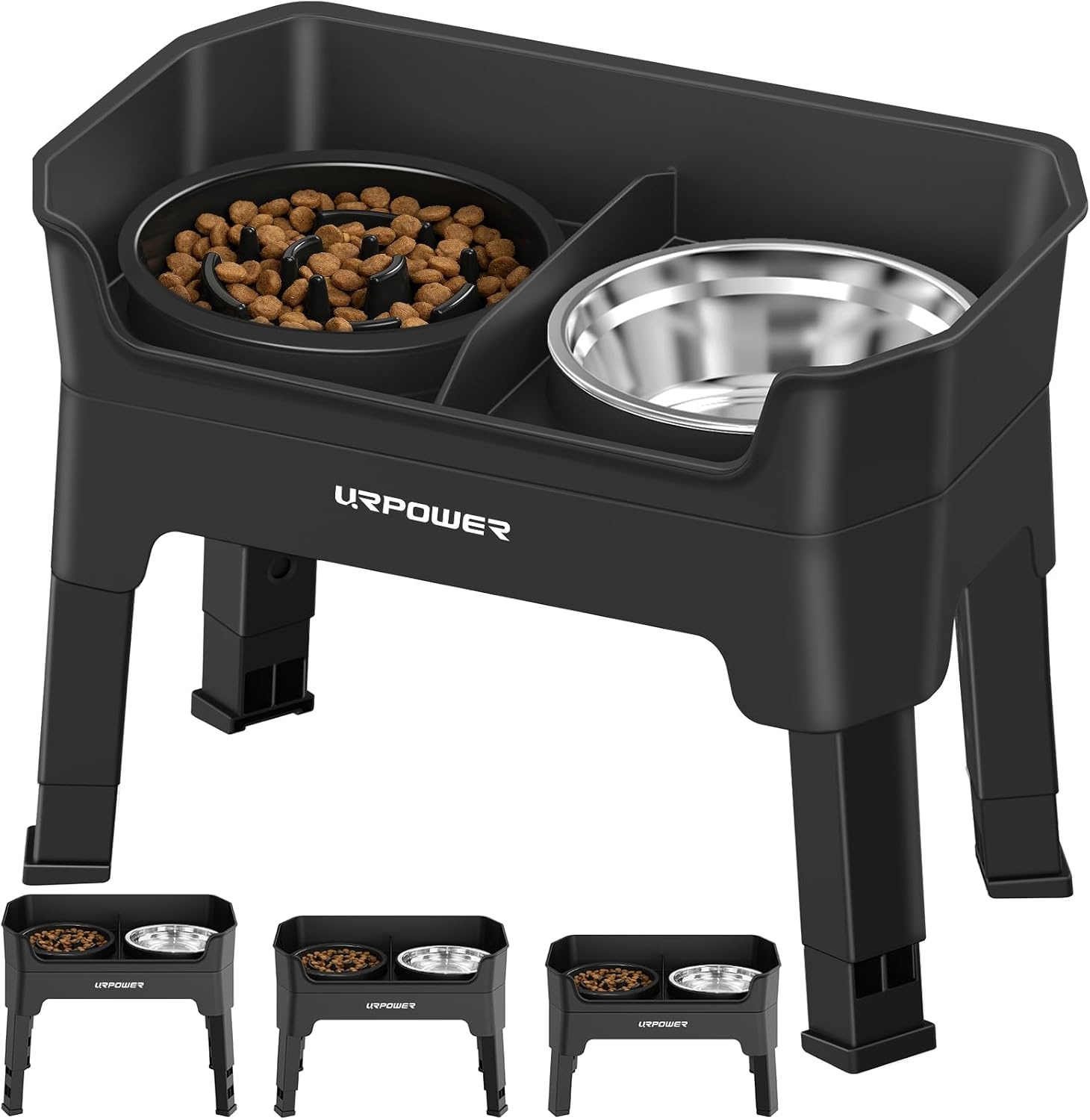 image:imageURPOWER Mess Proof Elevated Dog Bowls 4 Height Adjustable Raised Stand with No Spill Water Bowl and Slow Feeder Dog Bowls NonSlip Food and Water Bowl Set for Small Medium amp Large DogsJet Black