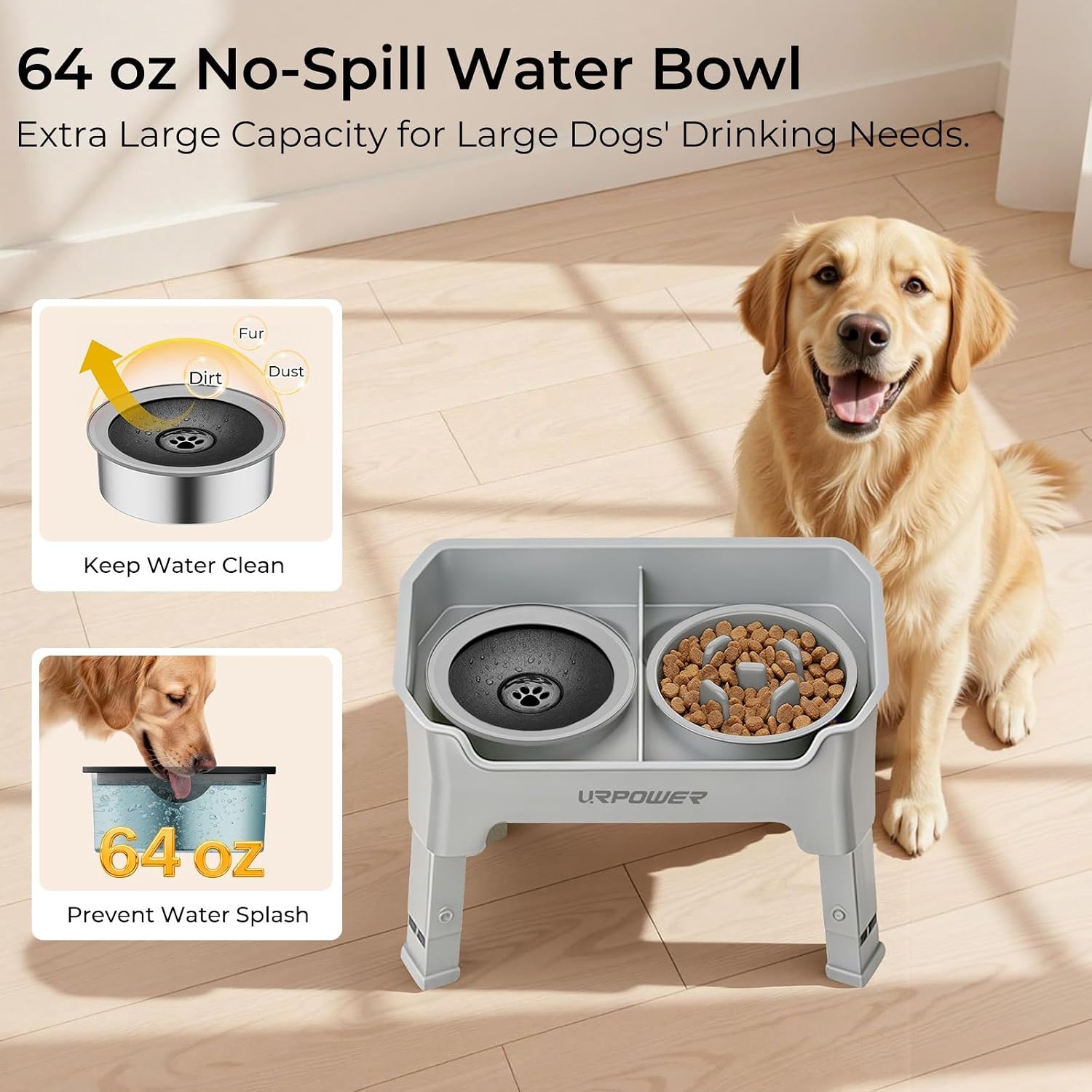 image:imageURPOWER Mess Proof Elevated Dog Bowls 4 Height Adjustable Raised Stand with No Spill Water Bowl and Slow Feeder Dog Bowls NonSlip Food and Water Bowl Set for Small Medium amp Large DogsLight Grey