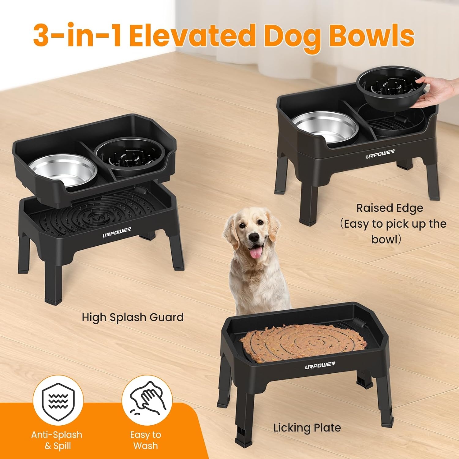 image:imageURPOWER Mess Proof Elevated Dog Bowls 4 Height Adjustable Raised Stand with No Spill Water Bowl and Slow Feeder Dog Bowls NonSlip Food and Water Bowl Set for Small Medium amp Large DogsJet Black