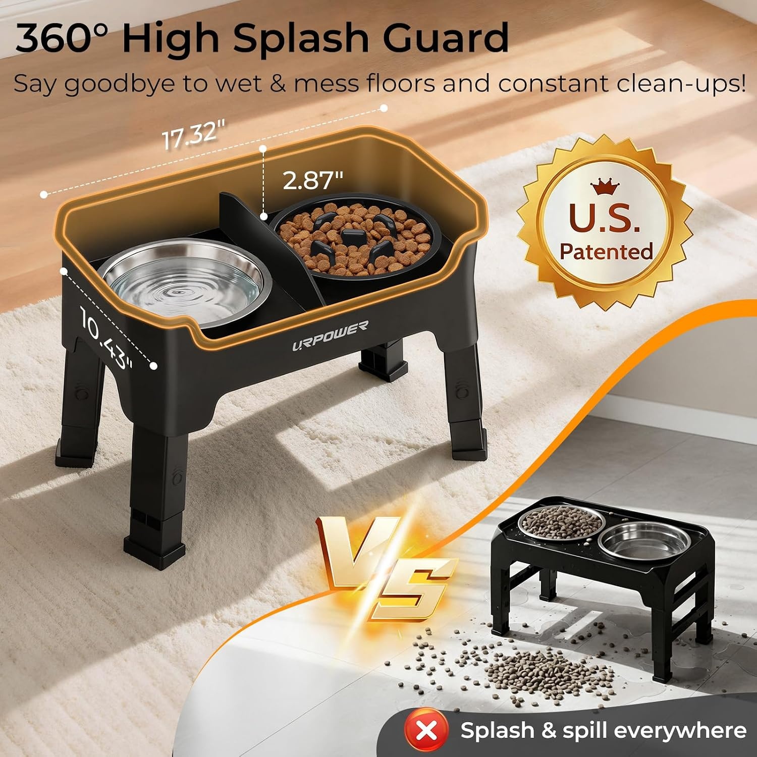 image:imageURPOWER Mess Proof Elevated Dog Bowls 4 Height Adjustable Raised Stand with No Spill Water Bowl and Slow Feeder Dog Bowls NonSlip Food and Water Bowl Set for Small Medium amp Large DogsMatte Black