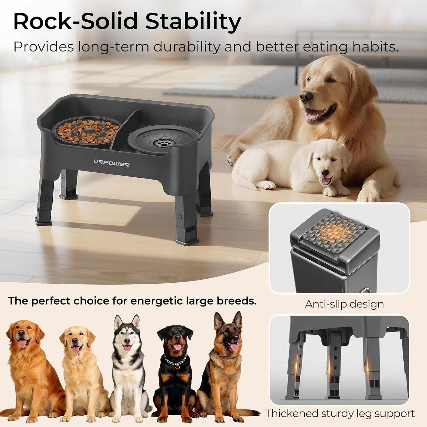 image:imageURPOWER Mess Proof Elevated Dog Bowls 4 Height Adjustable Raised Stand with No Spill Water Bowl and Slow Feeder Dog Bowls NonSlip Food and Water Bowl Set for Small Medium amp Large DogsGrey
