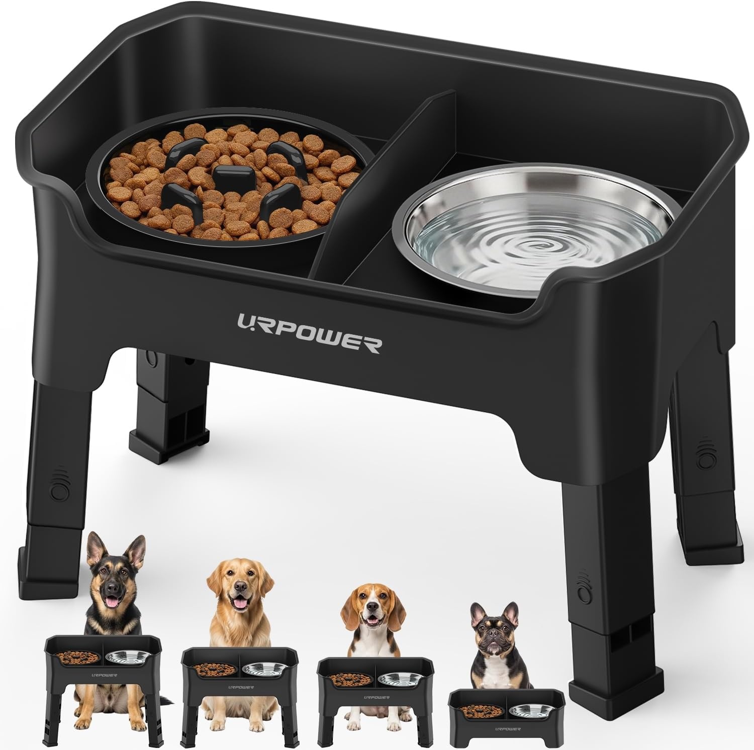 image:imageURPOWER Mess Proof Elevated Dog Bowls 4 Height Adjustable Raised Stand with No Spill Water Bowl and Slow Feeder Dog Bowls NonSlip Food and Water Bowl Set for Small Medium amp Large DogsMatte Black