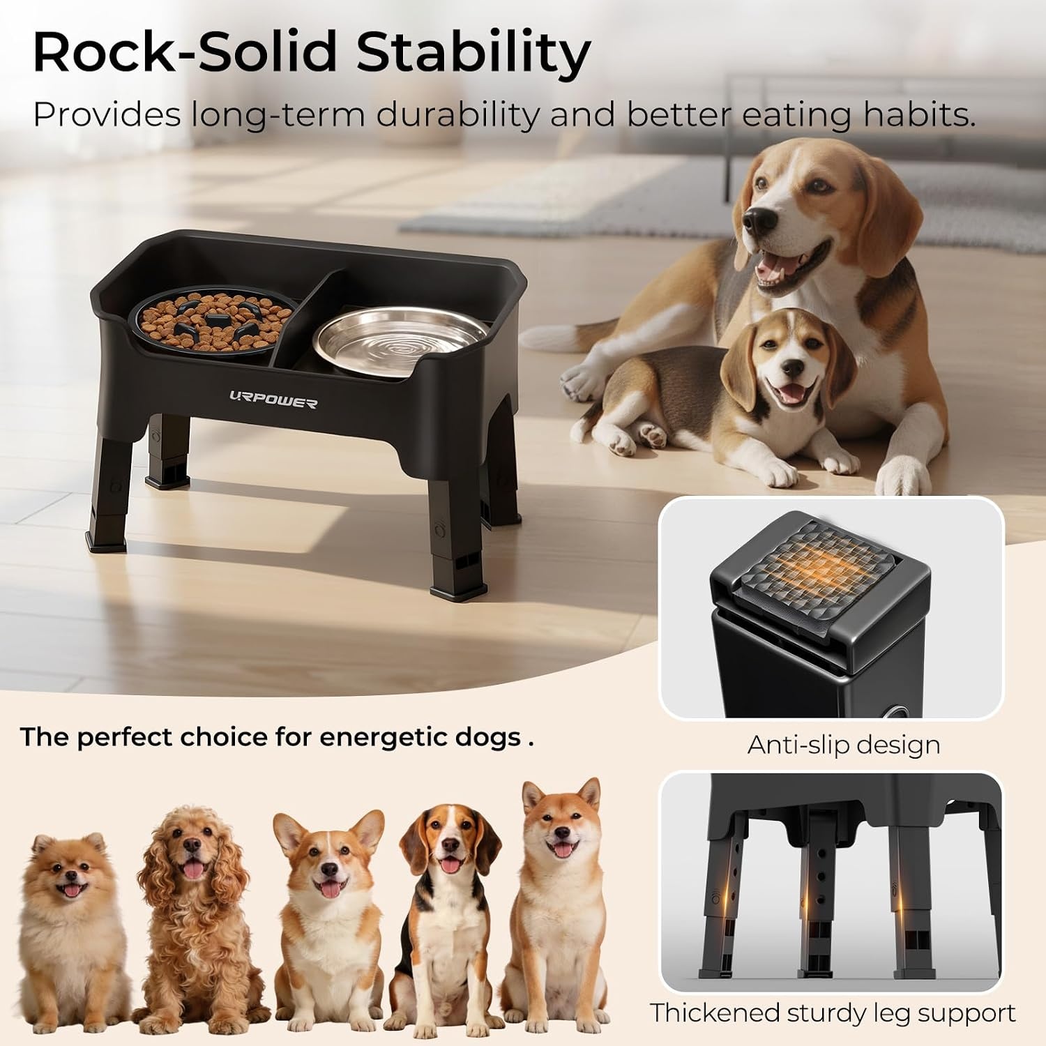 image:imageURPOWER Mess Proof Elevated Dog Bowls 4 Height Adjustable Raised Stand with No Spill Water Bowl and Slow Feeder Dog Bowls NonSlip Food and Water Bowl Set for Small Medium amp Large DogsMatte Black