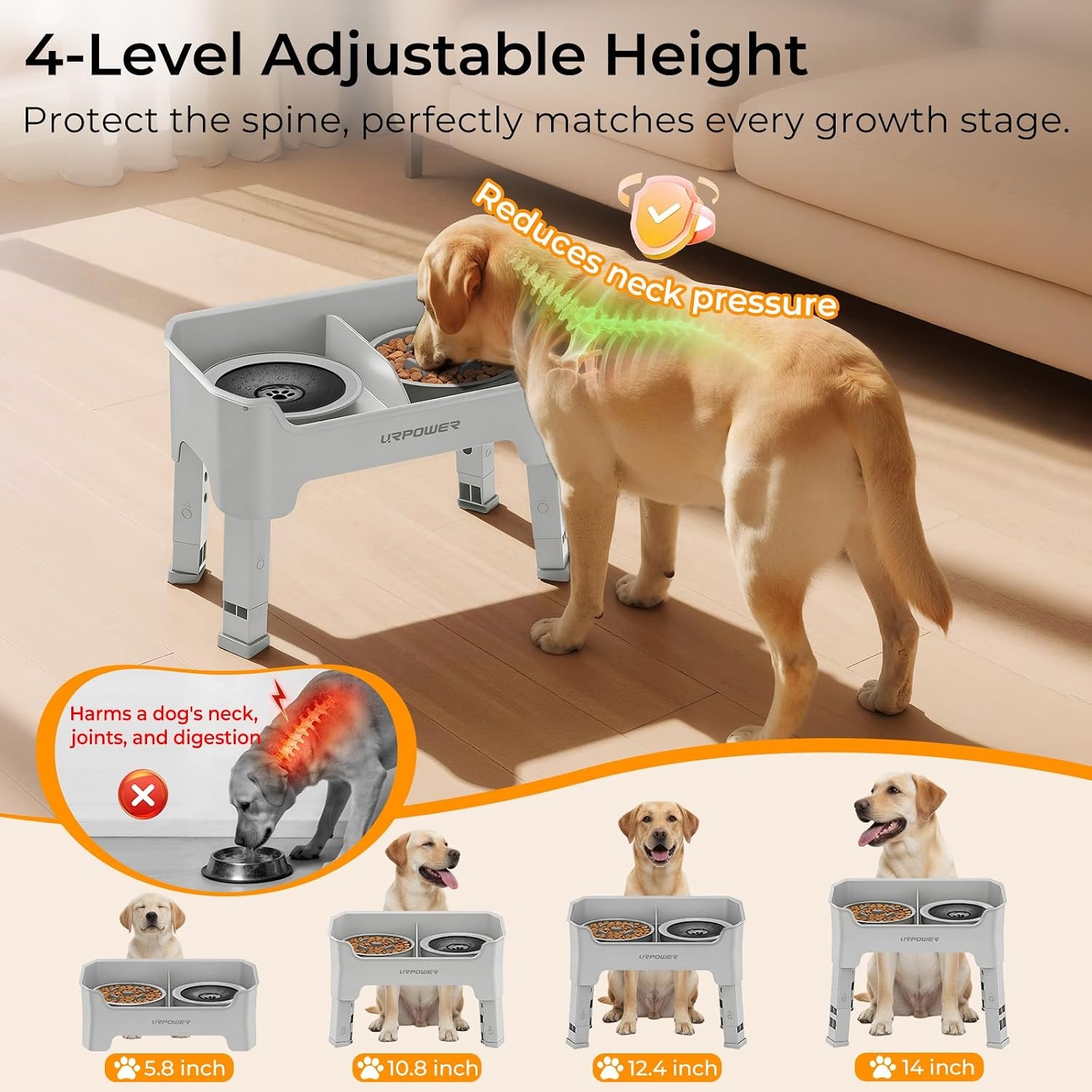 image:imageURPOWER Mess Proof Elevated Dog Bowls 4 Height Adjustable Raised Stand with No Spill Water Bowl and Slow Feeder Dog Bowls NonSlip Food and Water Bowl Set for Small Medium amp Large DogsLight Grey