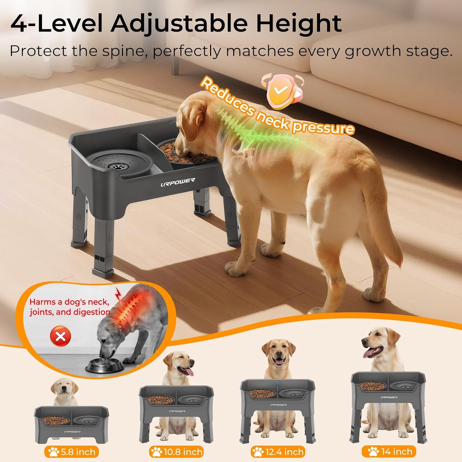 image:imageURPOWER Mess Proof Elevated Dog Bowls 4 Height Adjustable Raised Stand with No Spill Water Bowl and Slow Feeder Dog Bowls NonSlip Food and Water Bowl Set for Small Medium amp Large DogsGrey