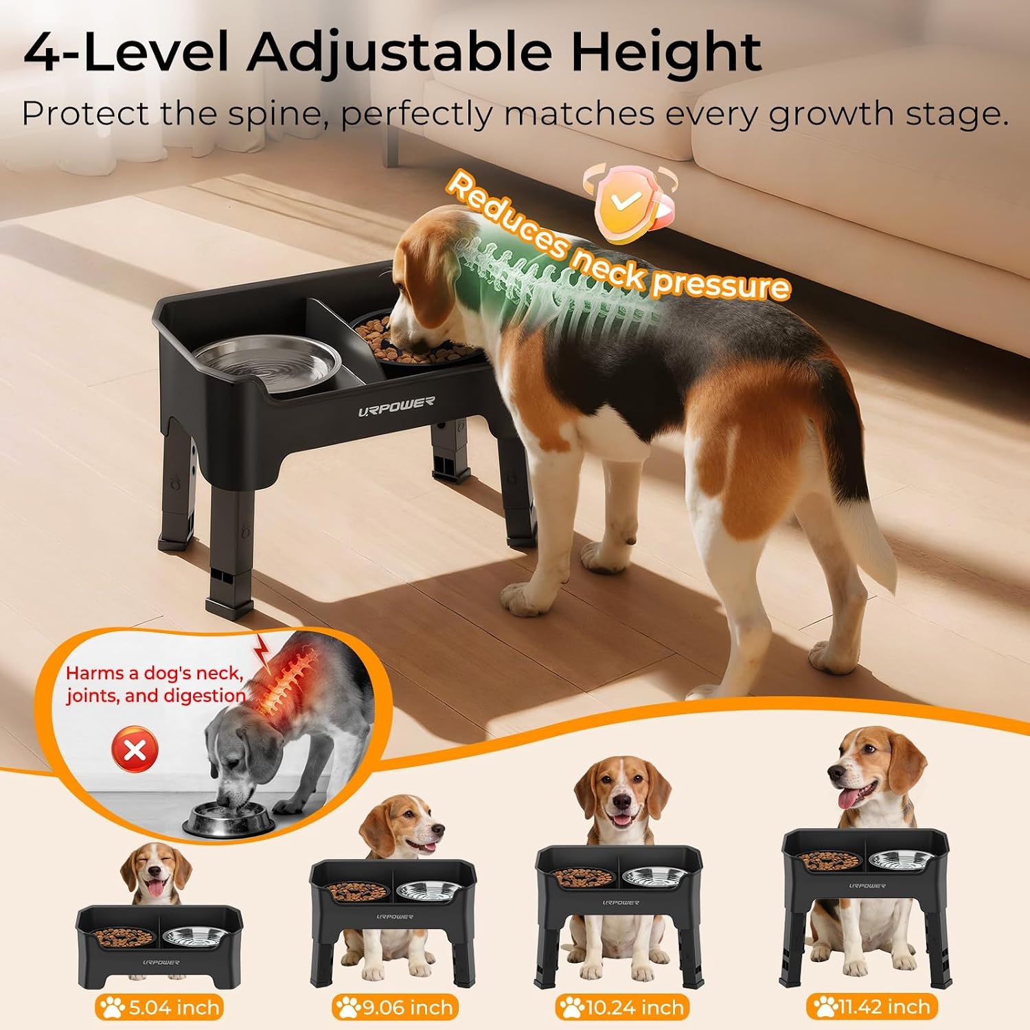image:imageURPOWER Mess Proof Elevated Dog Bowls 4 Height Adjustable Raised Stand with No Spill Water Bowl and Slow Feeder Dog Bowls NonSlip Food and Water Bowl Set for Small Medium amp Large DogsMatte Black