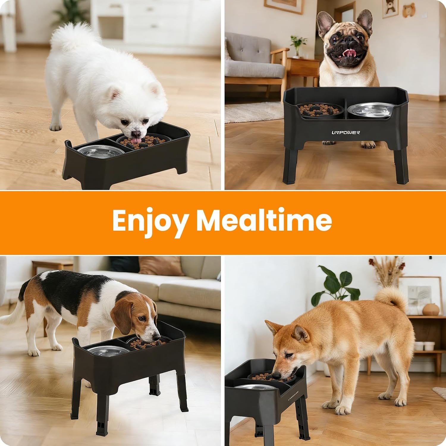 image:imageURPOWER Mess Proof Elevated Dog Bowls 4 Height Adjustable Raised Stand with No Spill Water Bowl and Slow Feeder Dog Bowls NonSlip Food and Water Bowl Set for Small Medium amp Large DogsJet Black