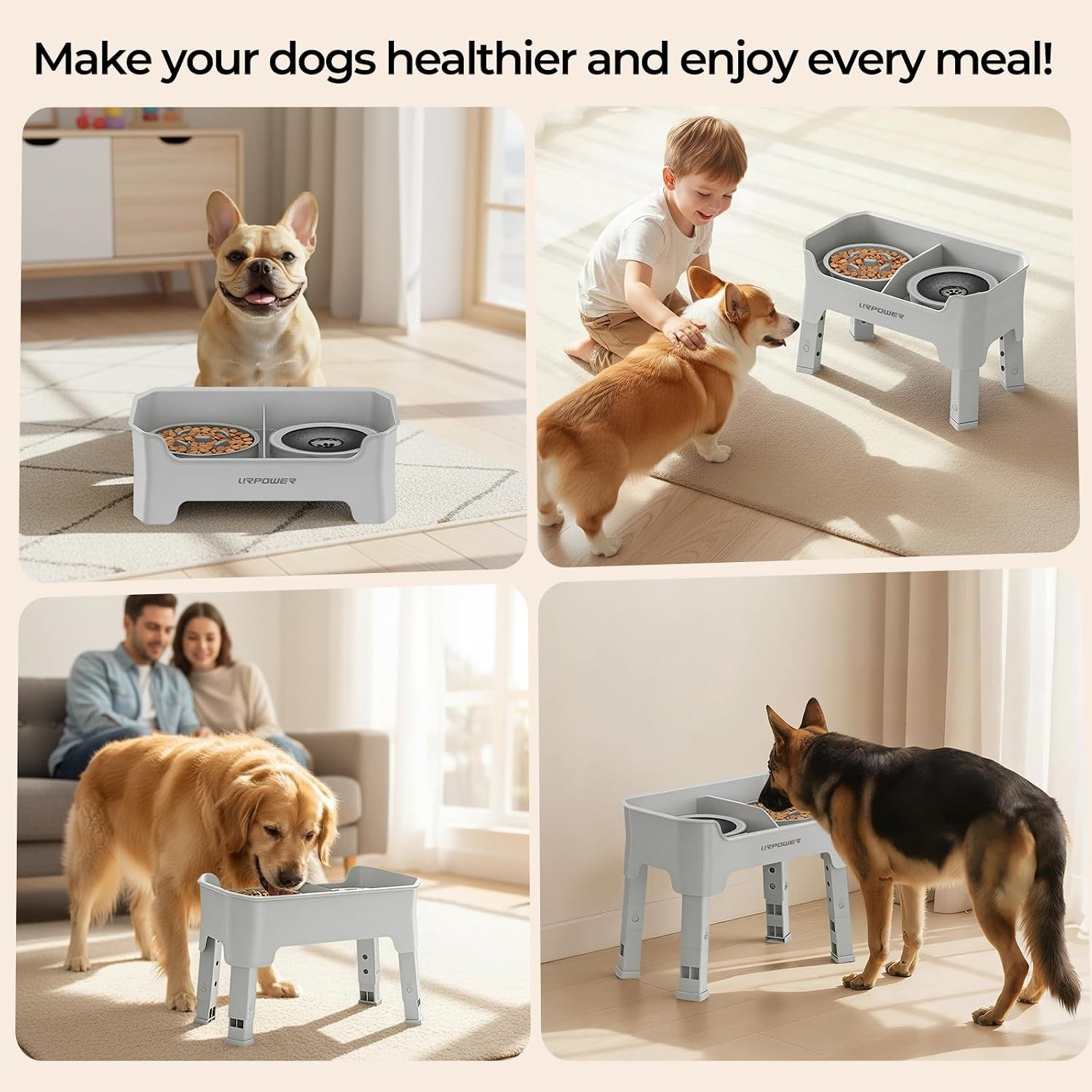 image:imageURPOWER Mess Proof Elevated Dog Bowls 4 Height Adjustable Raised Stand with No Spill Water Bowl and Slow Feeder Dog Bowls NonSlip Food and Water Bowl Set for Small Medium amp Large DogsLight Grey