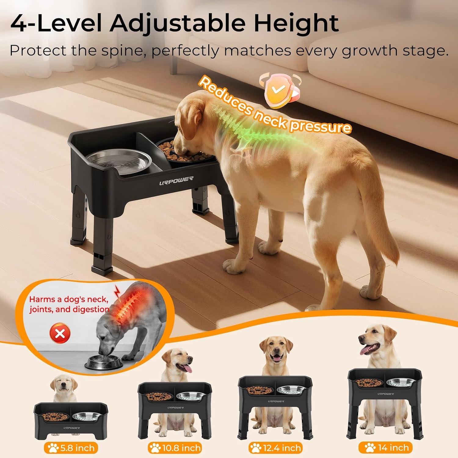 image:imageURPOWER Mess Proof Elevated Dog Bowls 4 Height Adjustable Raised Stand with No Spill Water Bowl and Slow Feeder Dog Bowls NonSlip Food and Water Bowl Set for Small Medium amp Large DogsMatte Black