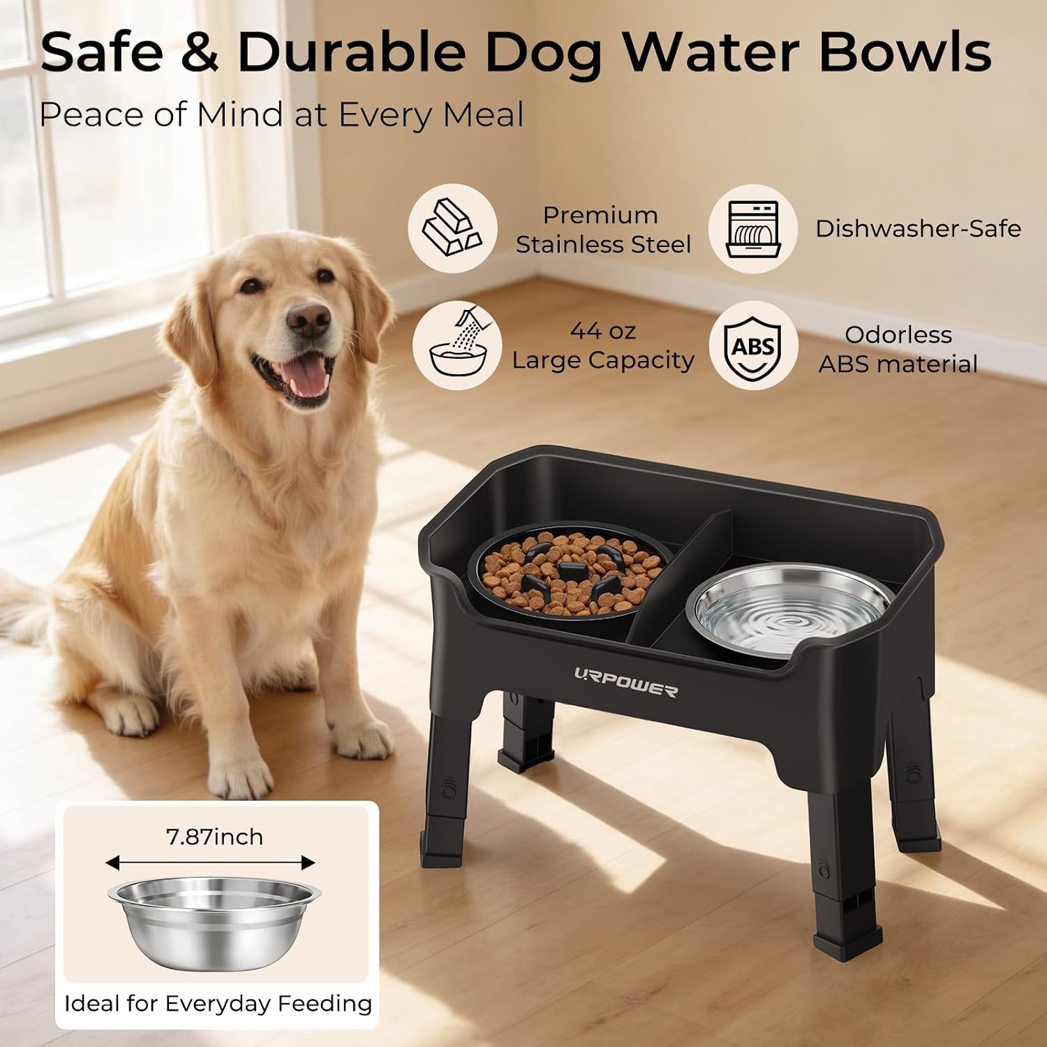 image:imageURPOWER Mess Proof Elevated Dog Bowls 4 Height Adjustable Raised Stand with No Spill Water Bowl and Slow Feeder Dog Bowls NonSlip Food and Water Bowl Set for Small Medium amp Large DogsMatte Black