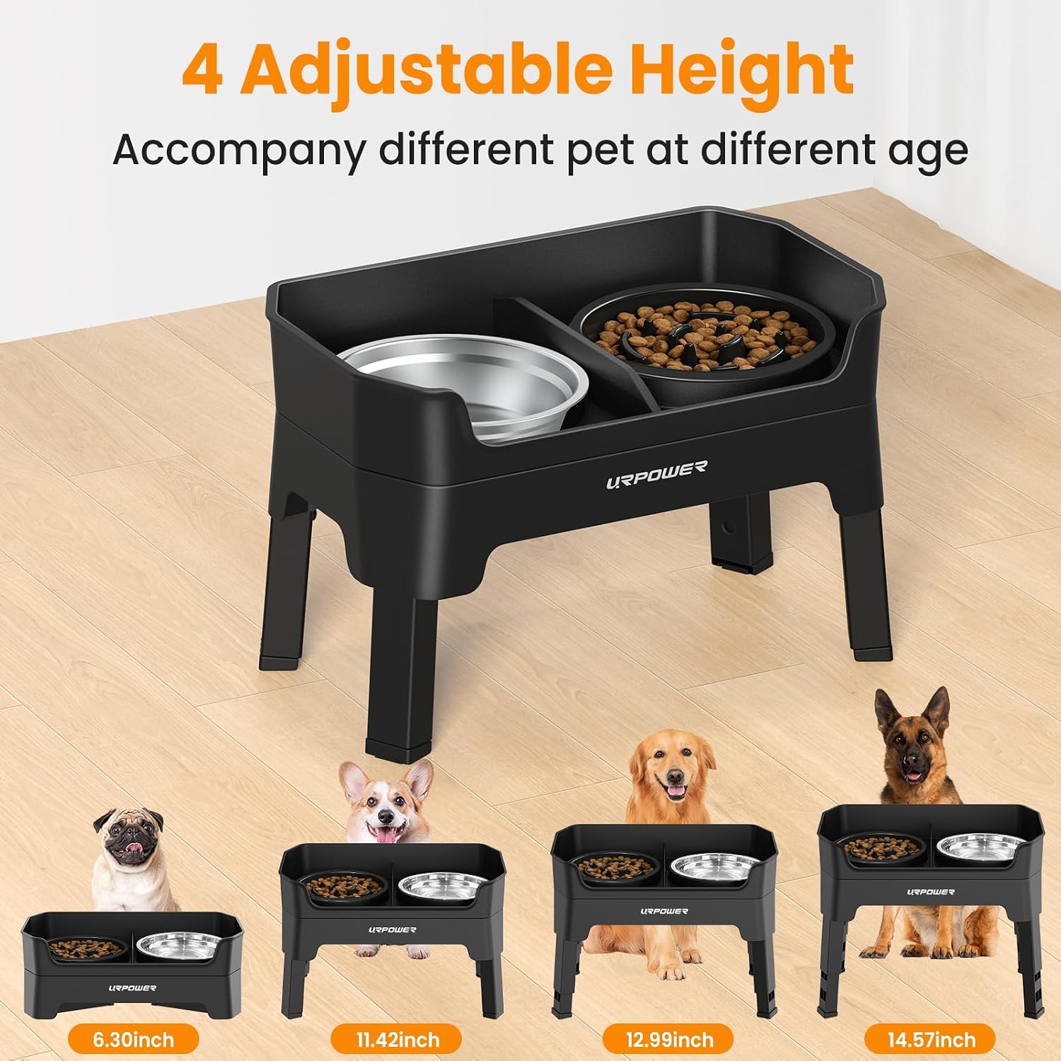 image:imageURPOWER Mess Proof Elevated Dog Bowls 4 Height Adjustable Raised Stand with No Spill Water Bowl and Slow Feeder Dog Bowls NonSlip Food and Water Bowl Set for Small Medium amp Large DogsJet Black