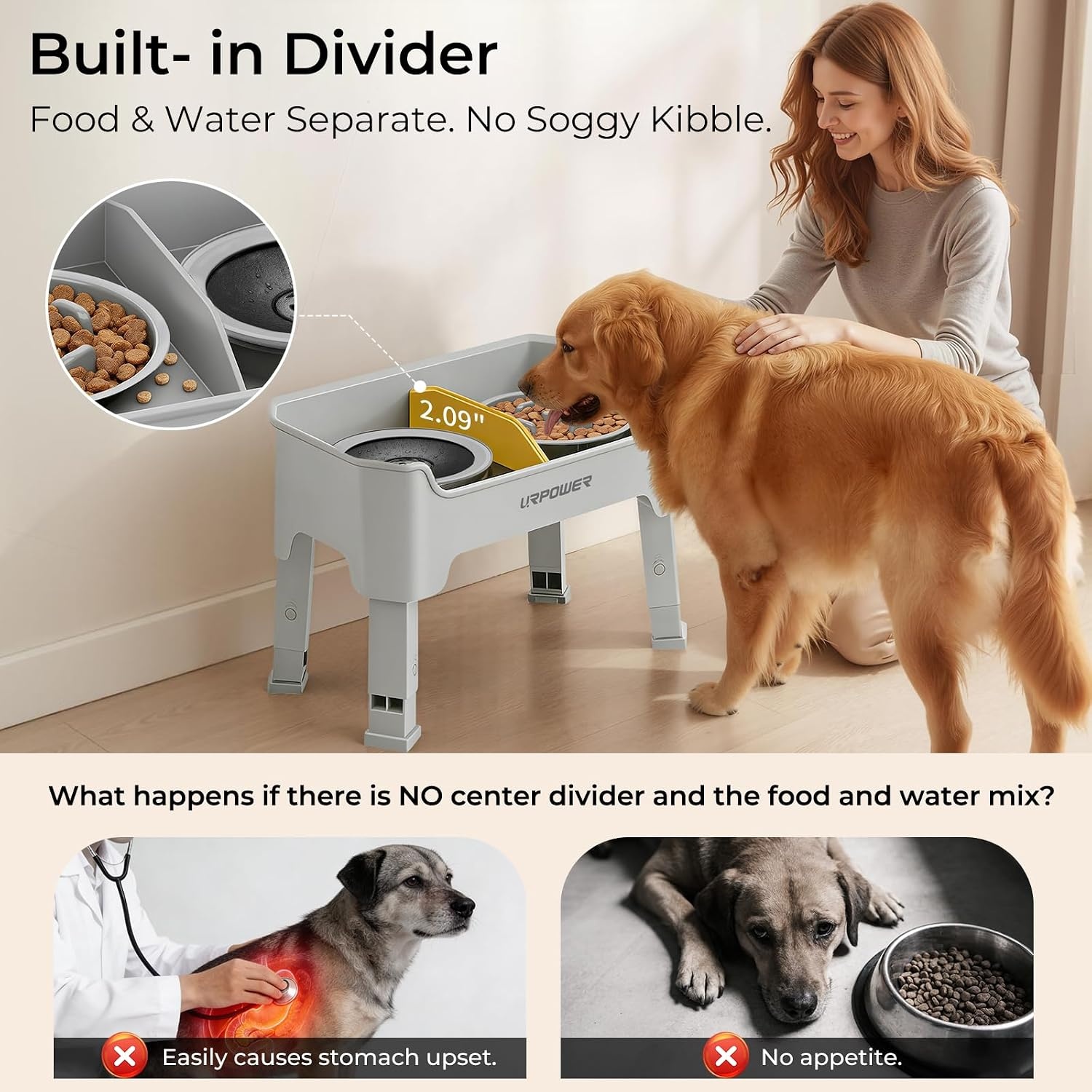 image:imageURPOWER Mess Proof Elevated Dog Bowls 4 Height Adjustable Raised Stand with No Spill Water Bowl and Slow Feeder Dog Bowls NonSlip Food and Water Bowl Set for Small Medium amp Large DogsLight Grey