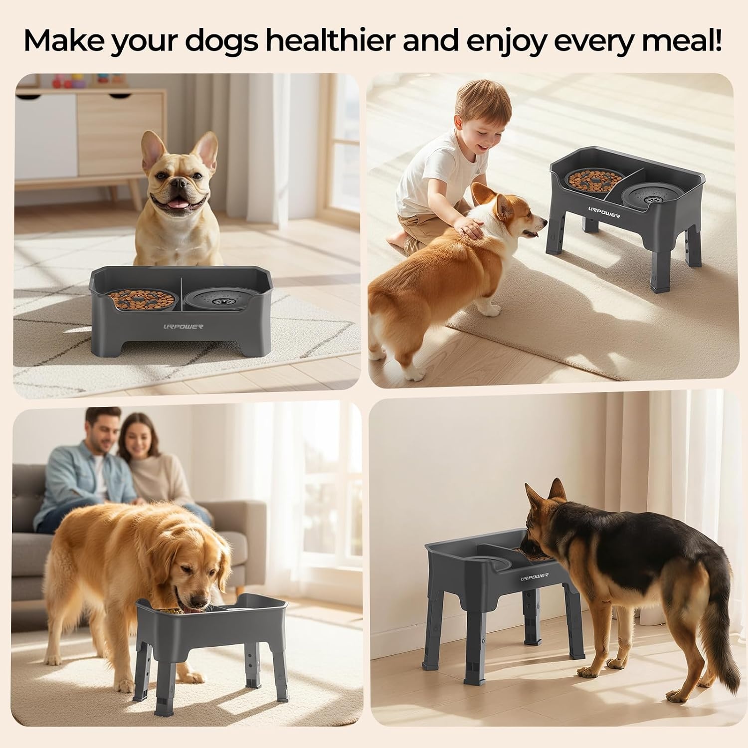image:imageURPOWER Mess Proof Elevated Dog Bowls 4 Height Adjustable Raised Stand with No Spill Water Bowl and Slow Feeder Dog Bowls NonSlip Food and Water Bowl Set for Small Medium amp Large DogsGrey