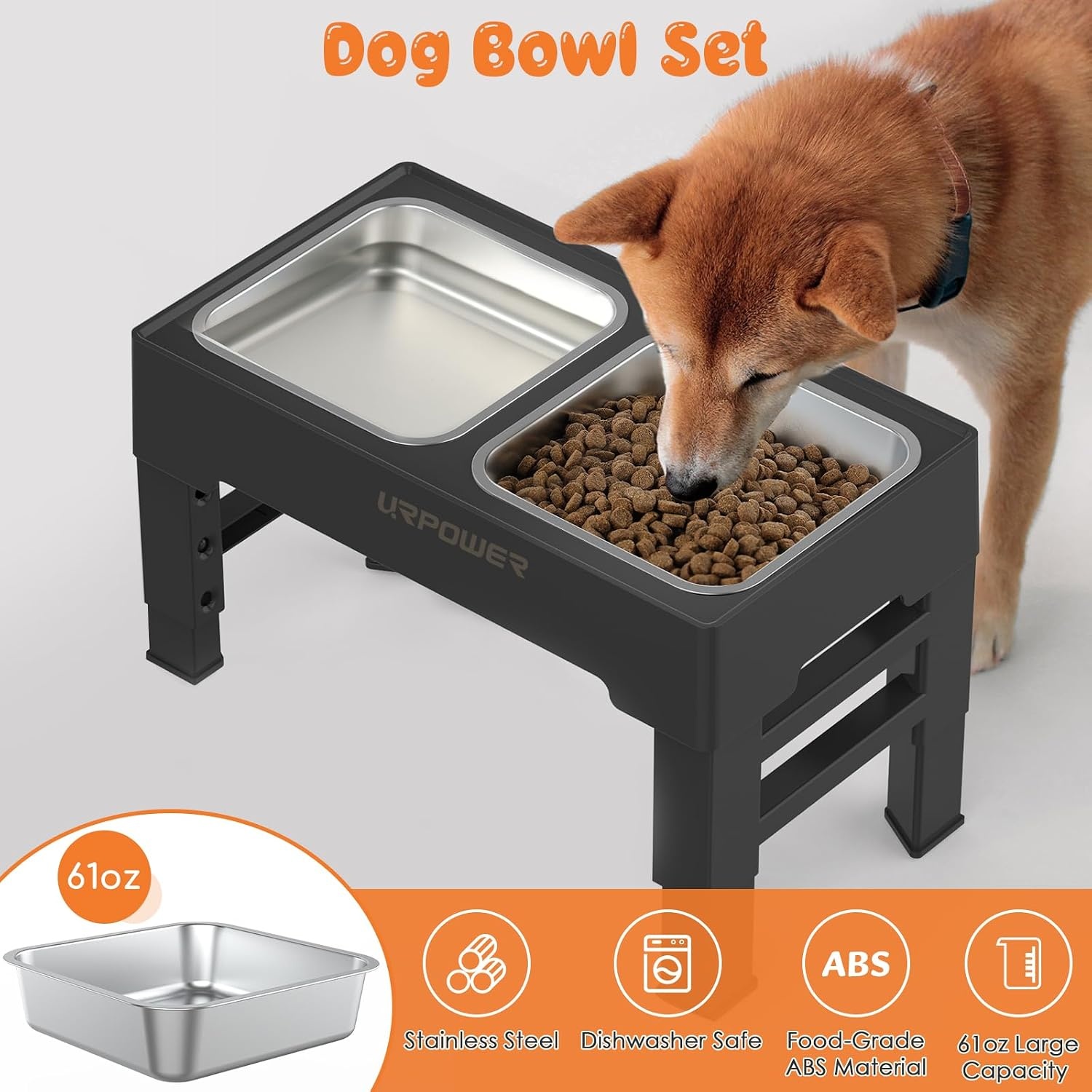image:imageURPOWER Raised Dog Bowls 4 Height Adjustable Elevated Bowl Stand with Stainless Steel Water Bowl NonSlip Dog Food Bowls Stand for Small Medium Large Dogs and PetsCarbon Black