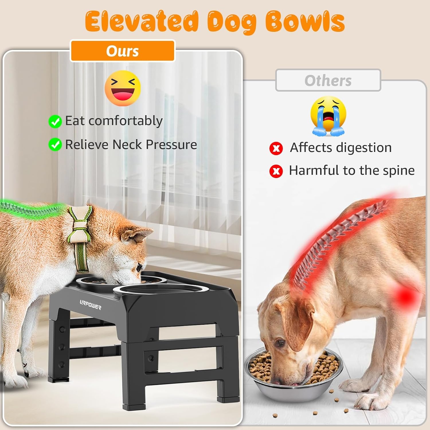 image:imageURPOWER Raised Dog Bowls 4 Height Adjustable Elevated Bowl Stand with Stainless Steel Water Bowl NonSlip Dog Food Bowls Stand for Small Medium Large Dogs and PetsMatte Black