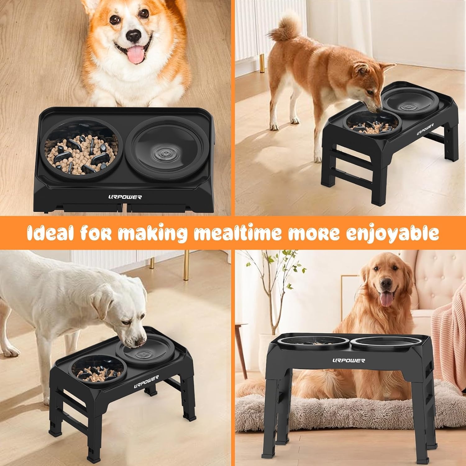 image:imageURPOWER Raised Dog Bowls 4 Height Adjustable Elevated Bowl Stand with Stainless Steel Water Bowl NonSlip Dog Food Bowls Stand for Small Medium Large Dogs and PetsMatte Black