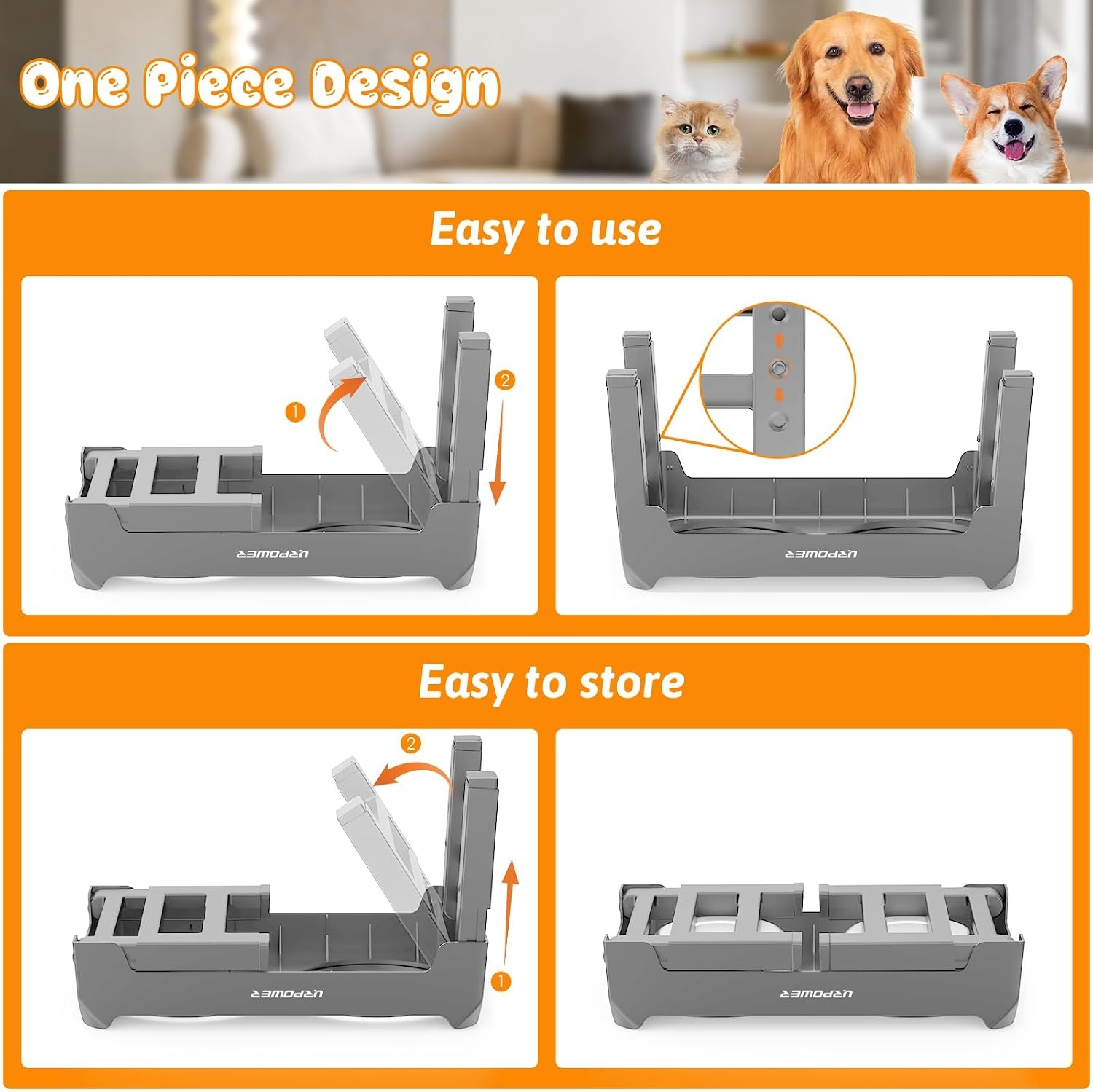 image:imageURPOWER Raised Dog Bowls 4 Height Adjustable Elevated Bowl Stand with Stainless Steel Water Bowl NonSlip Dog Food Bowls Stand for Small Medium Large Dogs and PetsLight Grey