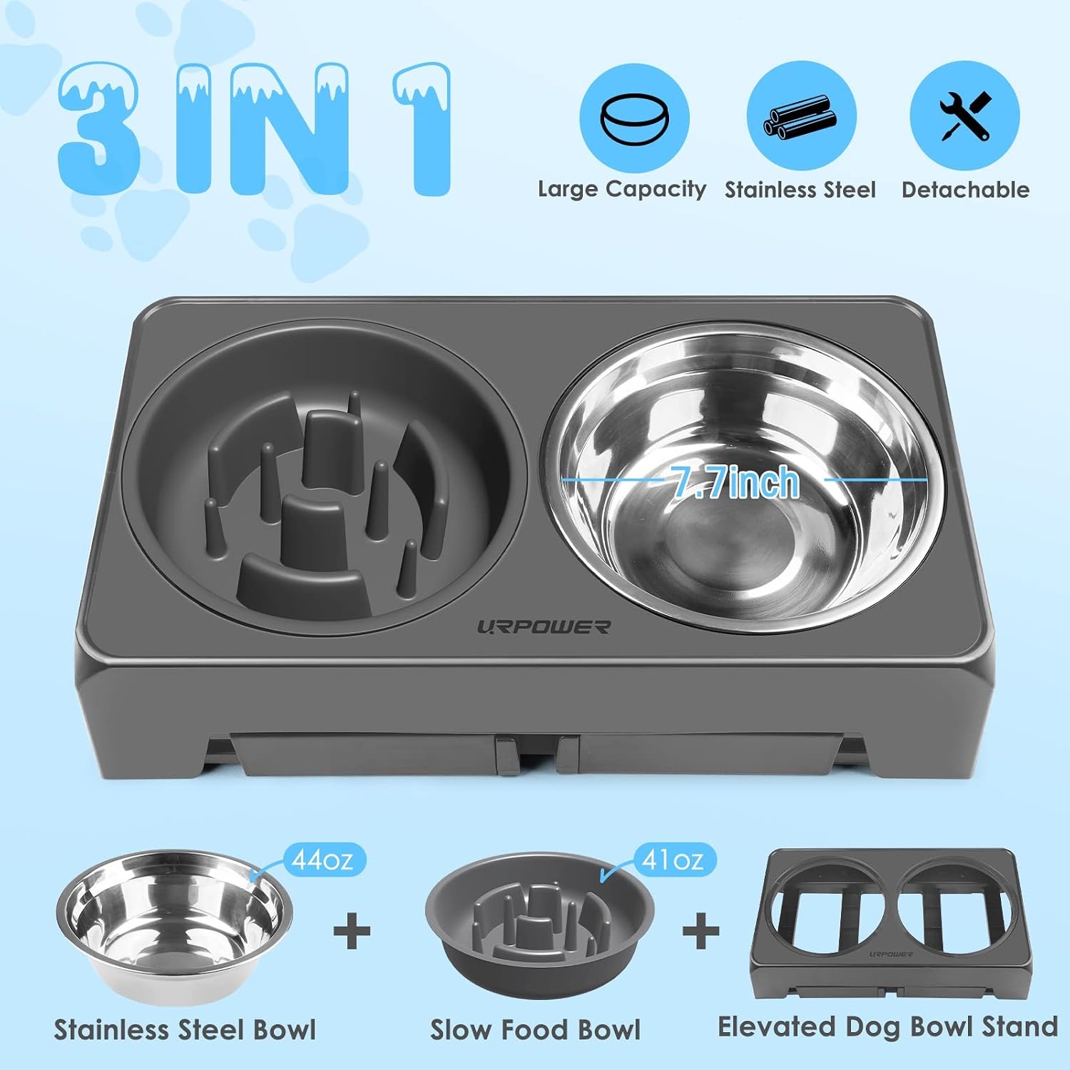 image:imageURPOWER Raised Dog Bowls 4 Height Adjustable Elevated Bowl Stand with Stainless Steel Water Bowl NonSlip Dog Food Bowls Stand for Small Medium Large Dogs and PetsDark Grey
