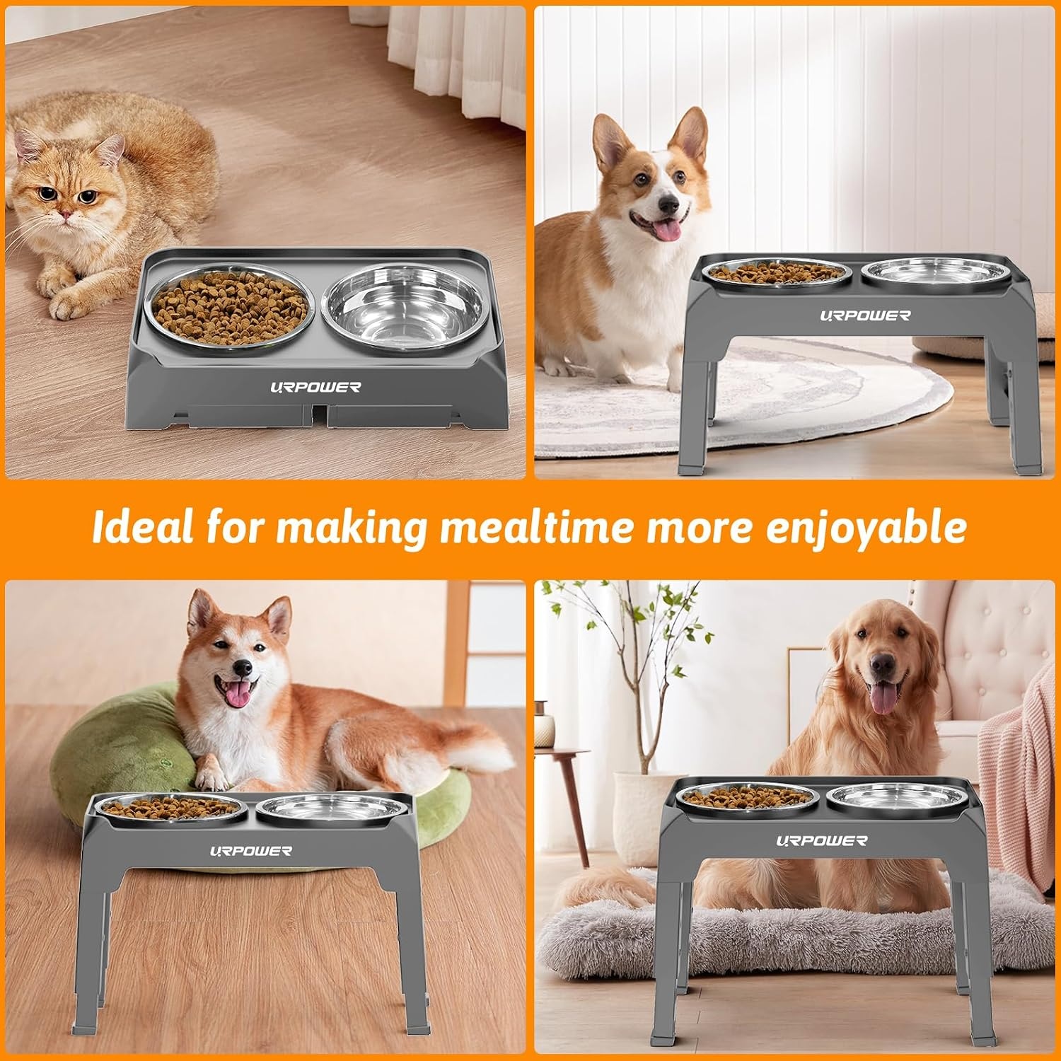 image:imageURPOWER Raised Dog Bowls 4 Height Adjustable Elevated Bowl Stand with Stainless Steel Water Bowl NonSlip Dog Food Bowls Stand for Small Medium Large Dogs and PetsLight Grey
