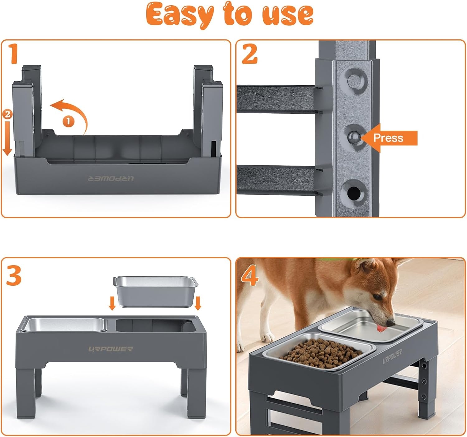 image:imageURPOWER Raised Dog Bowls 4 Height Adjustable Elevated Bowl Stand with Stainless Steel Water Bowl NonSlip Dog Food Bowls Stand for Small Medium Large Dogs and PetsSteel Grey