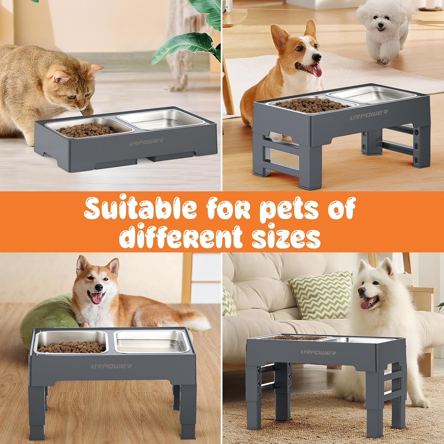 image:imageURPOWER Raised Dog Bowls 4 Height Adjustable Elevated Bowl Stand with Stainless Steel Water Bowl NonSlip Dog Food Bowls Stand for Small Medium Large Dogs and PetsSteel Grey