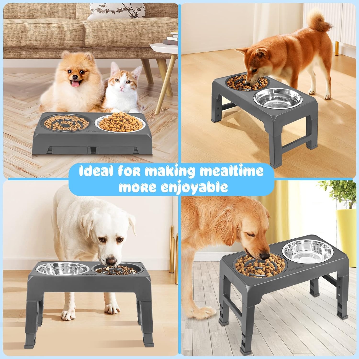 image:imageURPOWER Raised Dog Bowls 4 Height Adjustable Elevated Bowl Stand with Stainless Steel Water Bowl NonSlip Dog Food Bowls Stand for Small Medium Large Dogs and PetsDark Grey