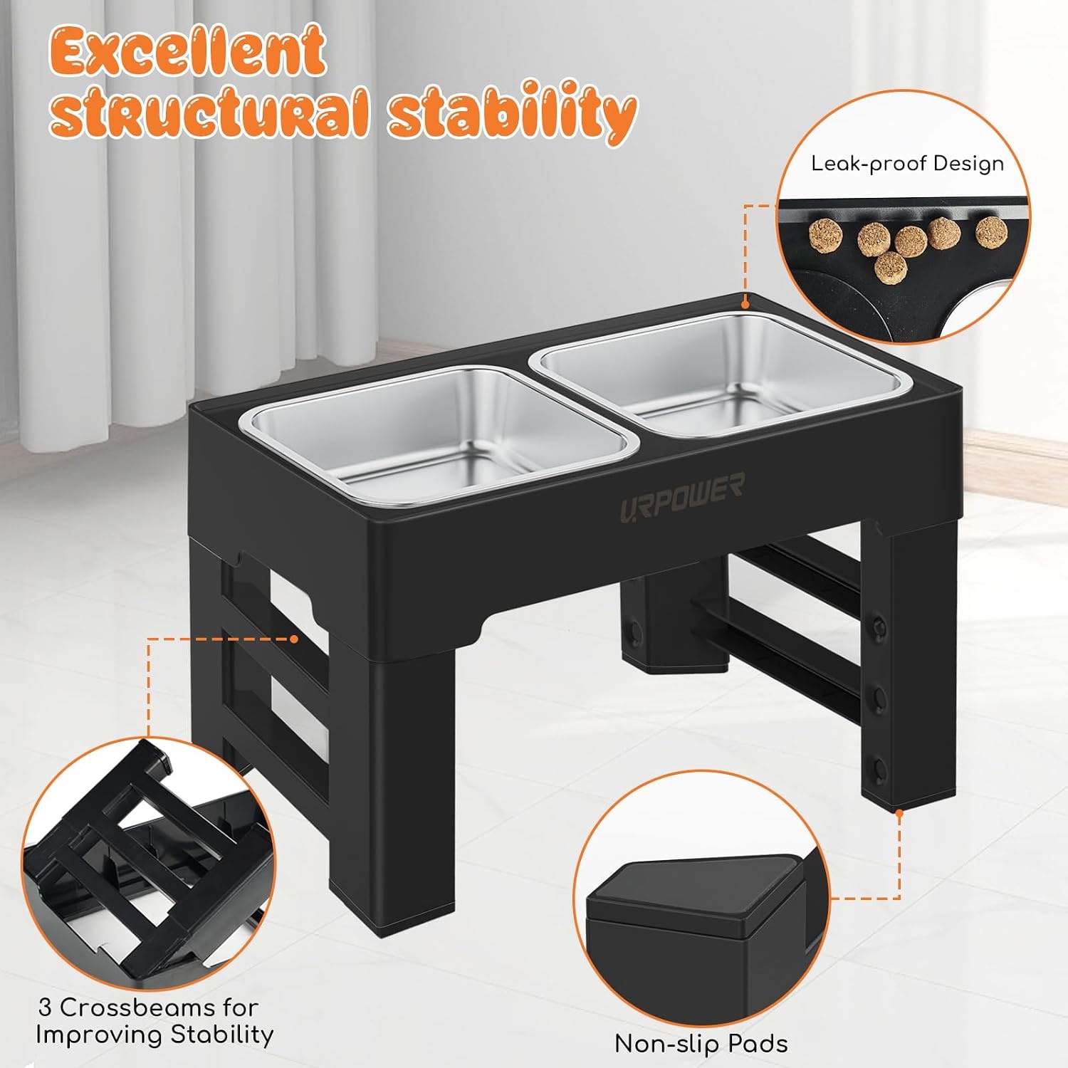 image:imageURPOWER Raised Dog Bowls 4 Height Adjustable Elevated Bowl Stand with Stainless Steel Water Bowl NonSlip Dog Food Bowls Stand for Small Medium Large Dogs and PetsCarbon Black
