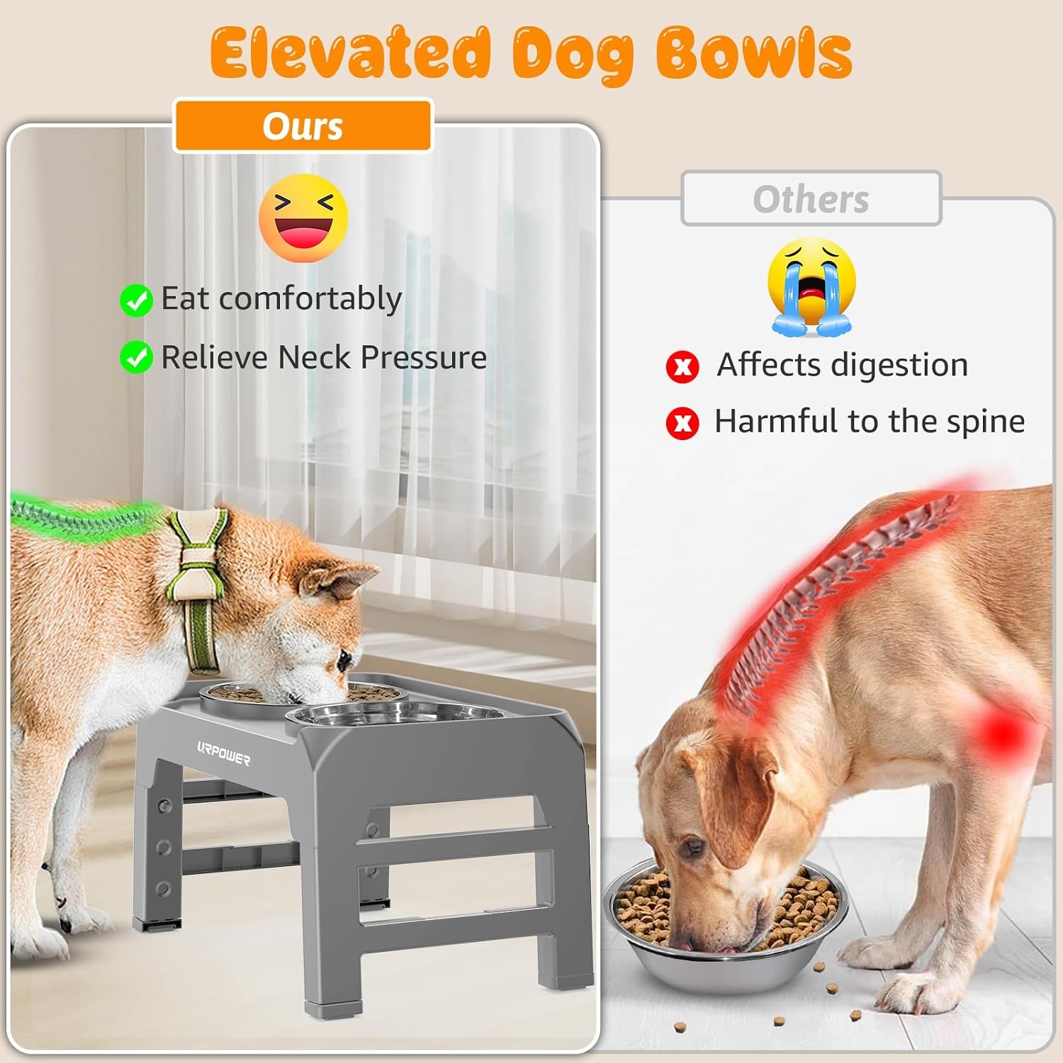 image:imageURPOWER Raised Dog Bowls 4 Height Adjustable Elevated Bowl Stand with Stainless Steel Water Bowl NonSlip Dog Food Bowls Stand for Small Medium Large Dogs and PetsLight Grey