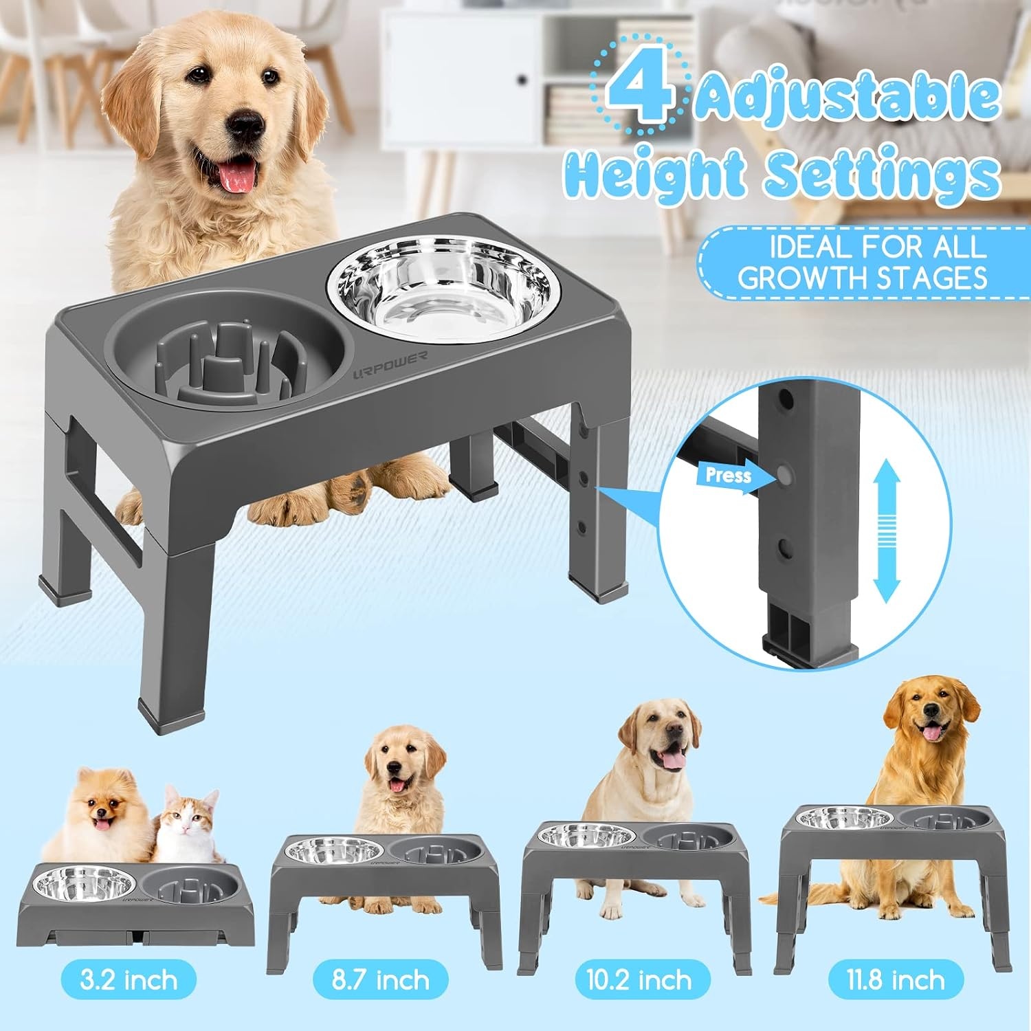 image:imageURPOWER Raised Dog Bowls 4 Height Adjustable Elevated Bowl Stand with Stainless Steel Water Bowl NonSlip Dog Food Bowls Stand for Small Medium Large Dogs and PetsDark Grey
