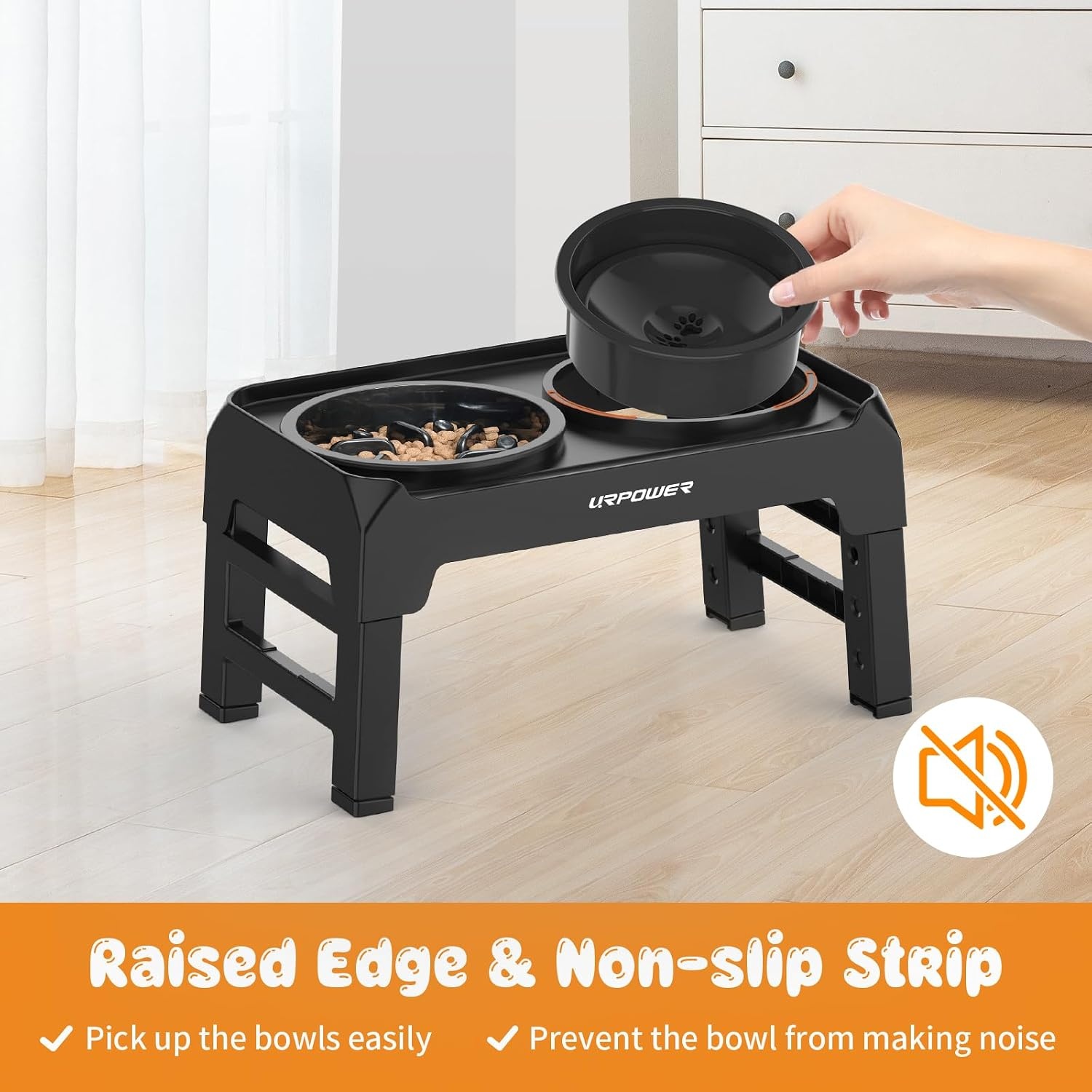 image:imageURPOWER Raised Dog Bowls 4 Height Adjustable Elevated Bowl Stand with Stainless Steel Water Bowl NonSlip Dog Food Bowls Stand for Small Medium Large Dogs and PetsMatte Black